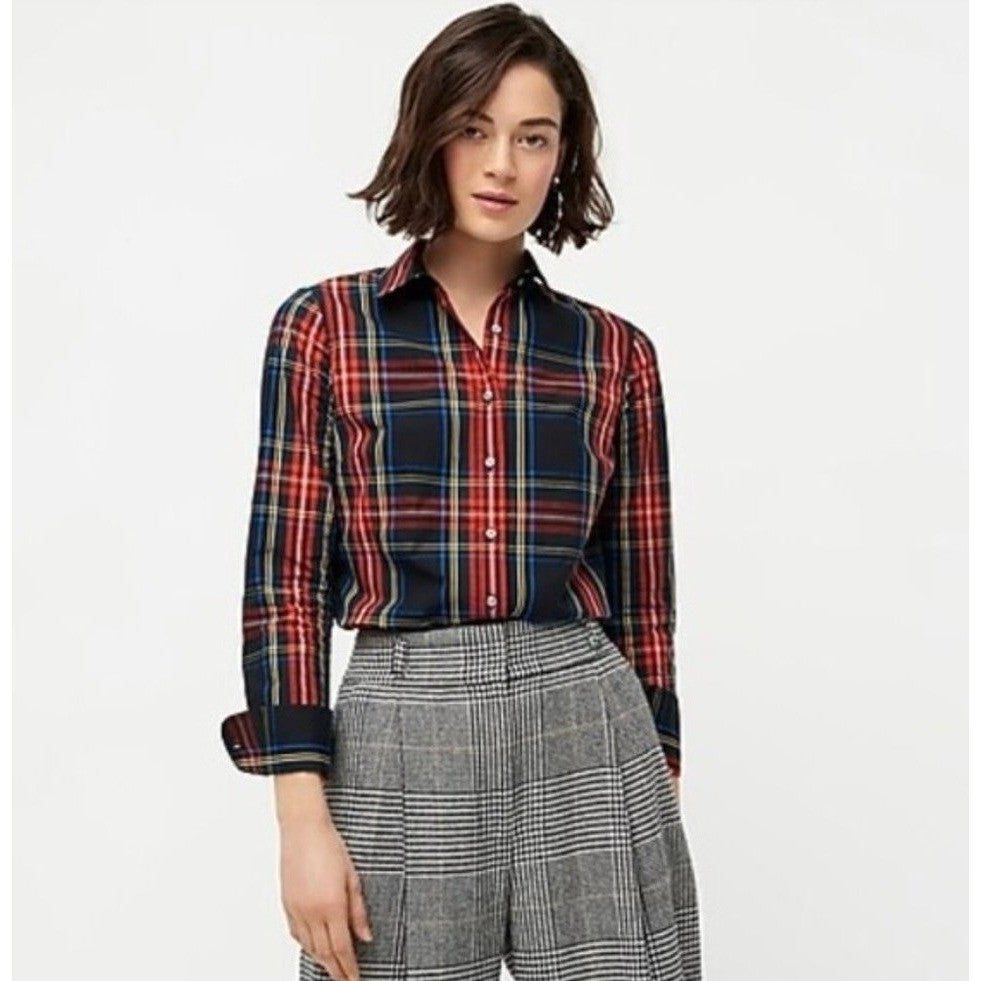 J. CREW Slim Stretch Perfect Shirt Top Black Stewart Tartan Plaid Buttons Size 4