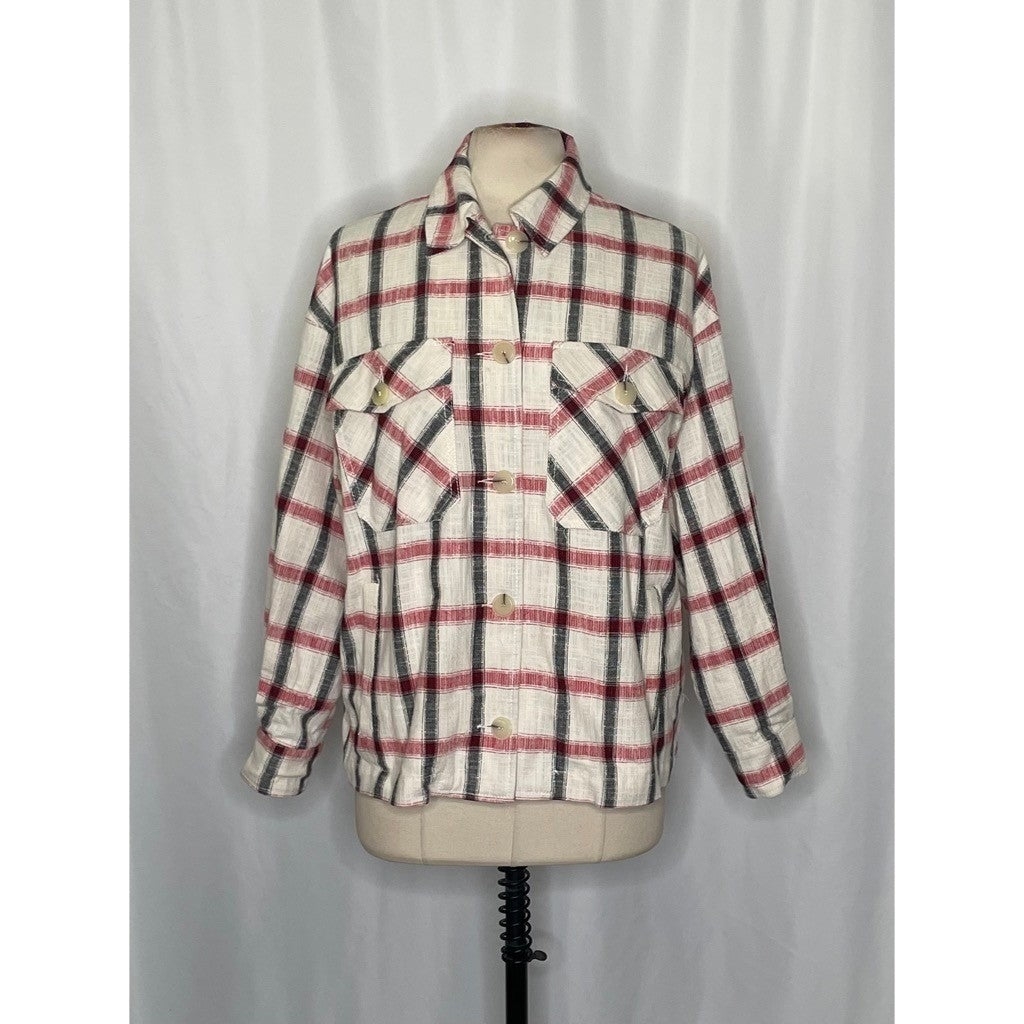 NWT!! ZARA Plaid Oversized Buttondown Shirt Red White Black Pockets Retro Small