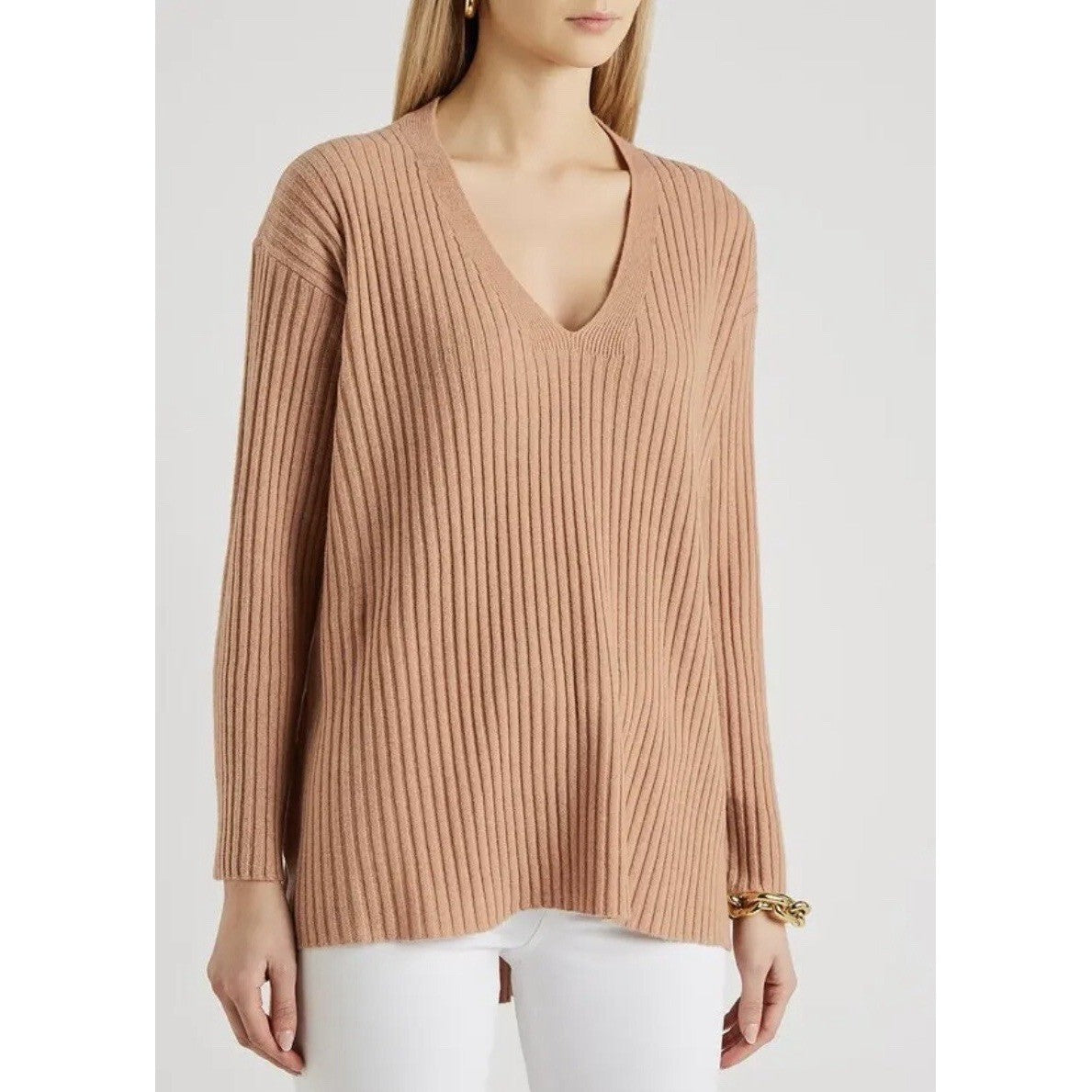 EILEEN FISHER Rose 100% Cashmere Ribbed Knit Jumper Sweater V-Neck Small Petite