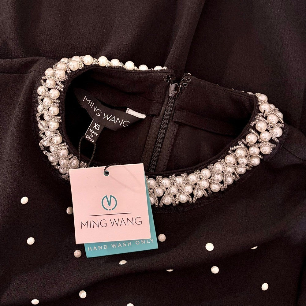 NWT!! MING WANG Heritage Fit Embellished Crepe Sheath Dress Black Pearls X-Small