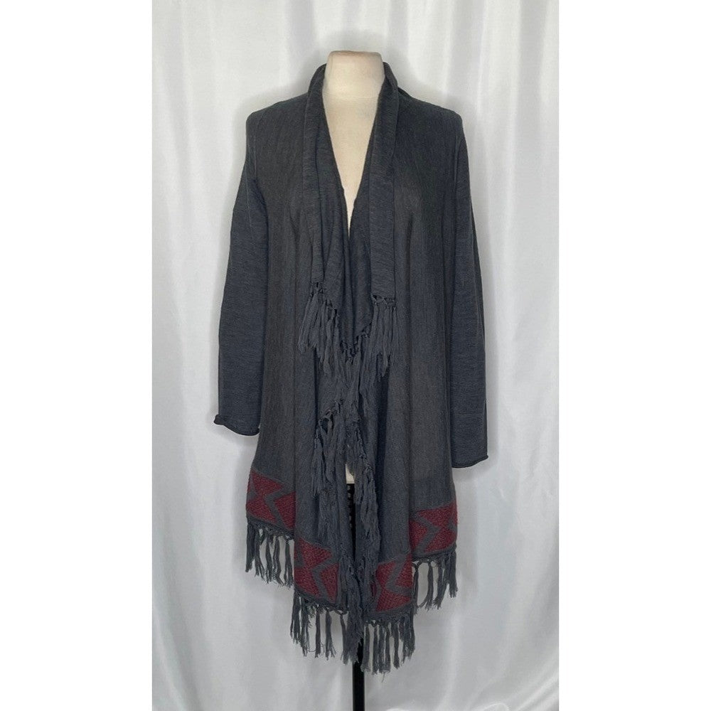 GARNET HILL Gray Wool Fringed Cardigan Sweater Ruana Embroidered Fringe Medium