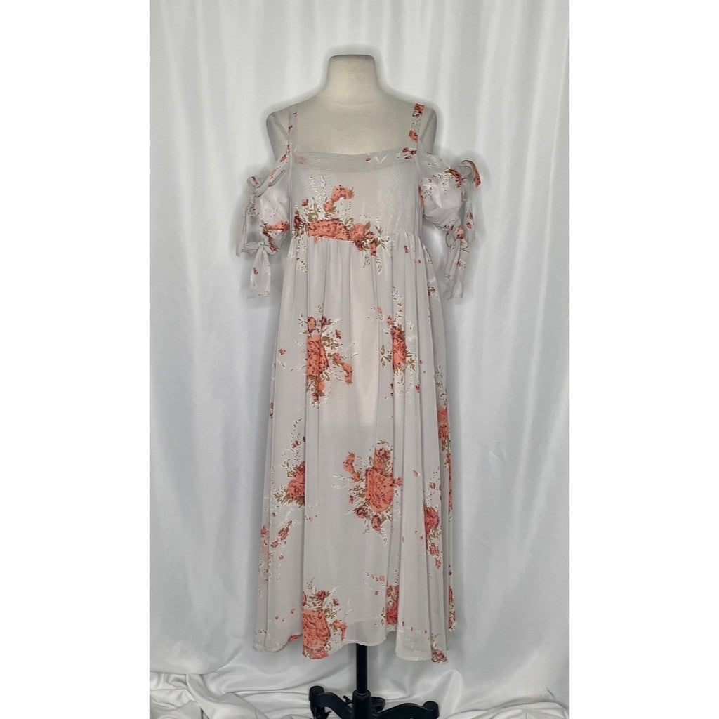 FREE PEOPLE Tied To You Floral Midi Dress Sand Combo Chiffon Bohemian Small