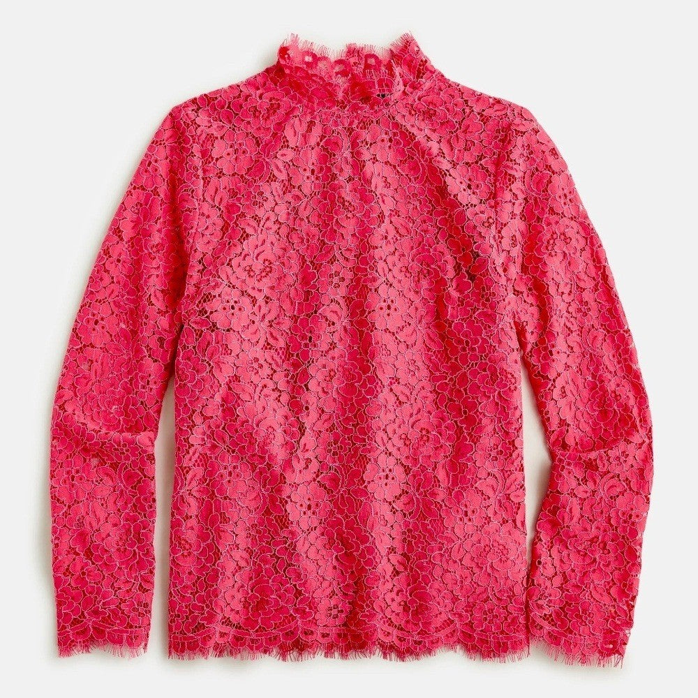 NWT!! J. CREW Scalloped Lace Mockneck Top Blouse Dragon Fruit Pink Size 14