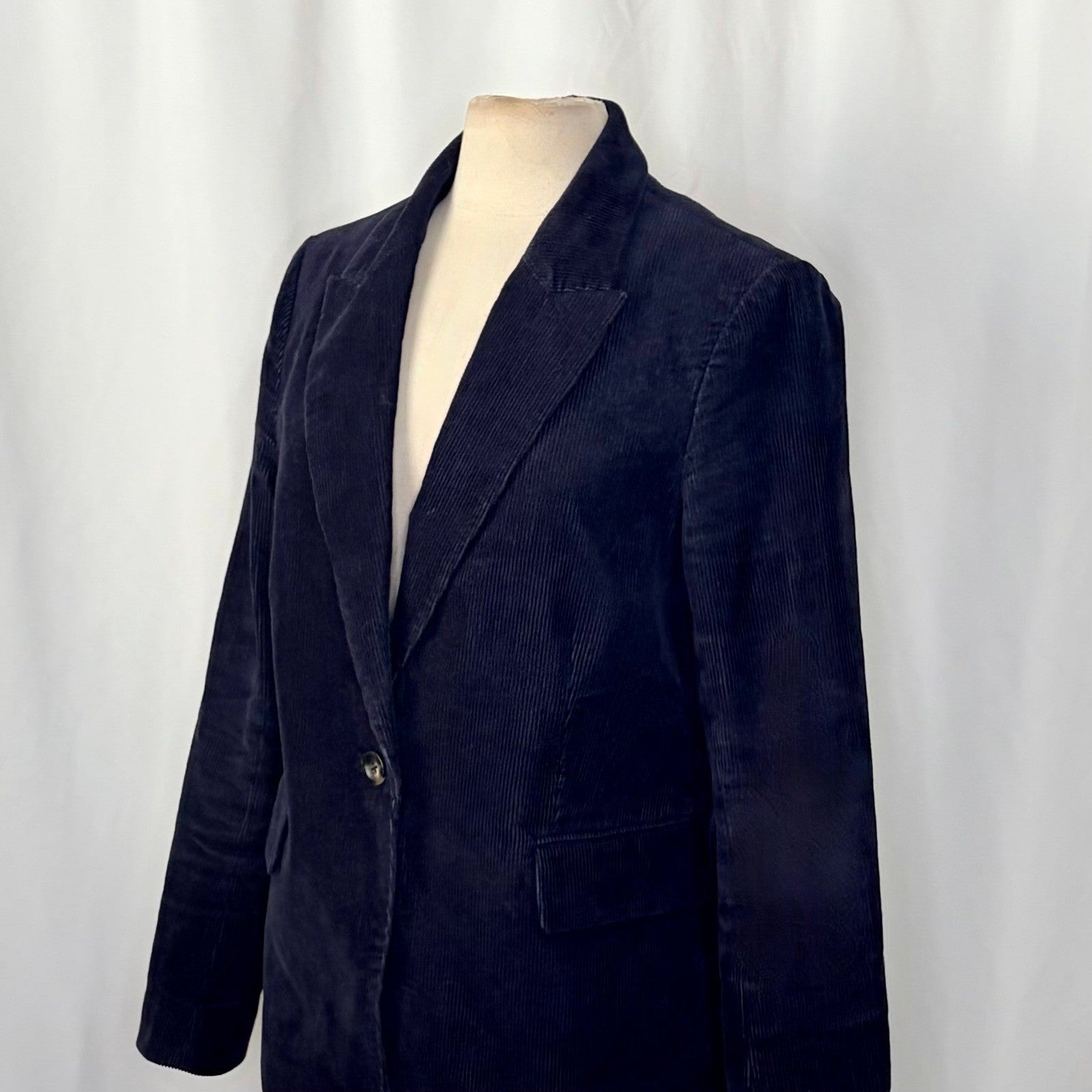 BODEN Navy Blue Corduroy Blazer Jacket Single Button Flap Pockets Preppy Size 10