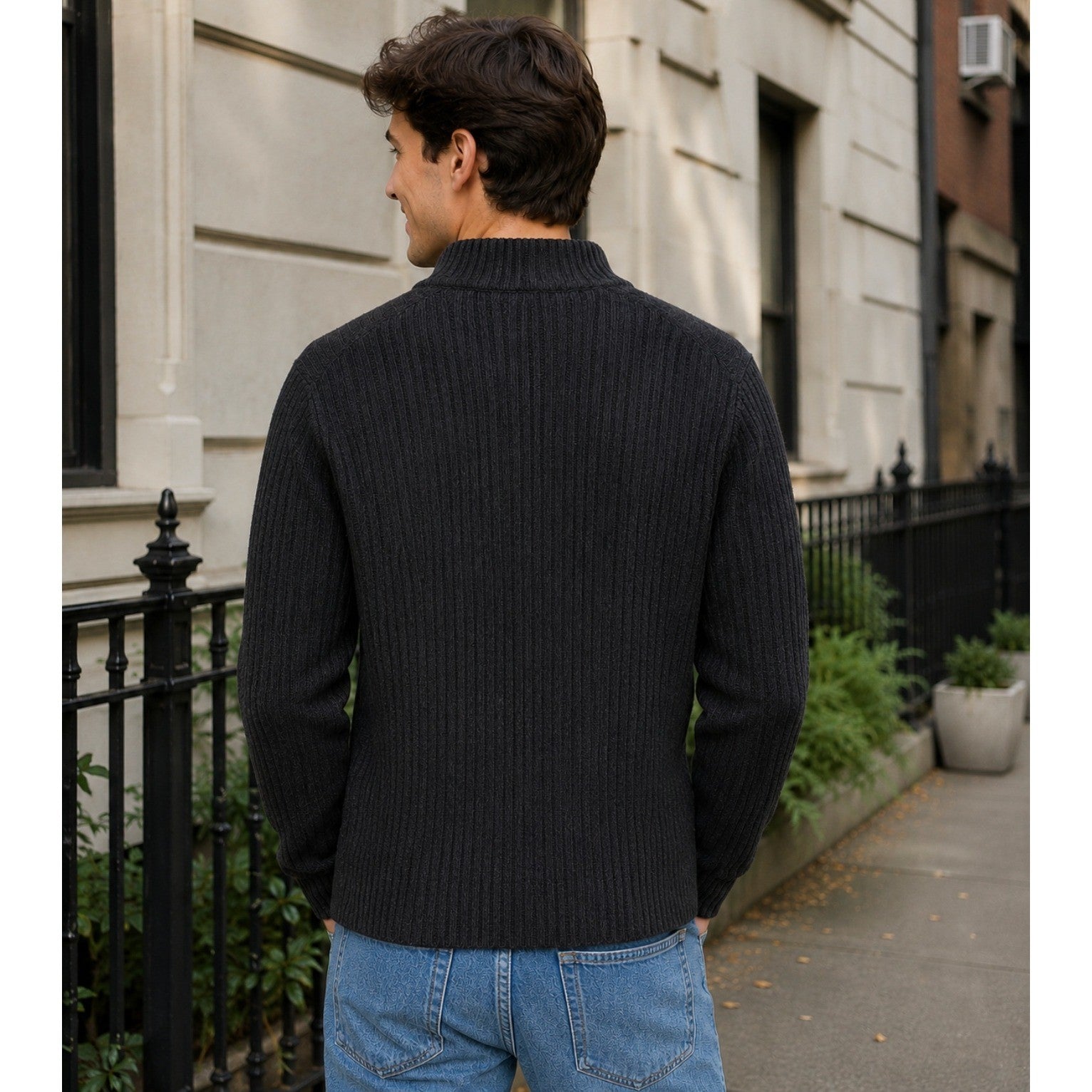 Men's GARNET HILL Washable Cashmere Ribbed Quarter Zip Sweater Charcoal Gray S