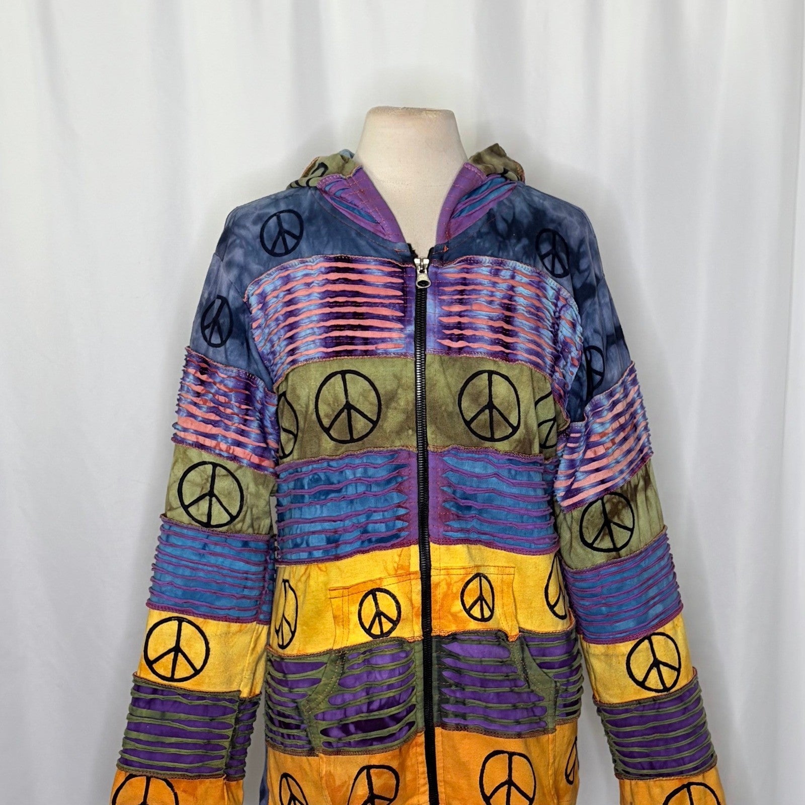 RISING INTERNATIONAL Hooded Peace Sign Tie Dye Jacket Hood Colorful X-Large