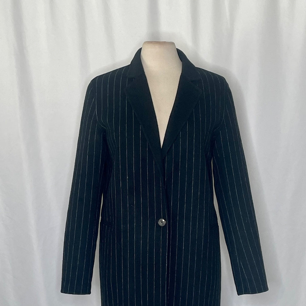 SANDRO Paris Felted Wool Long Coat Black Gray Pinstripe Stripe Size 1 / US 4