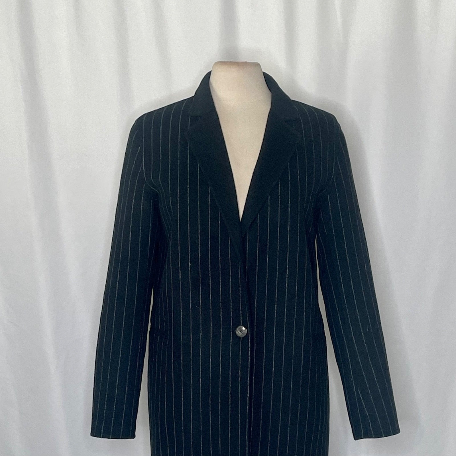 SANDRO Paris Felted Wool Long Coat Black Gray Pinstripe Stripe Size 1 / US 4