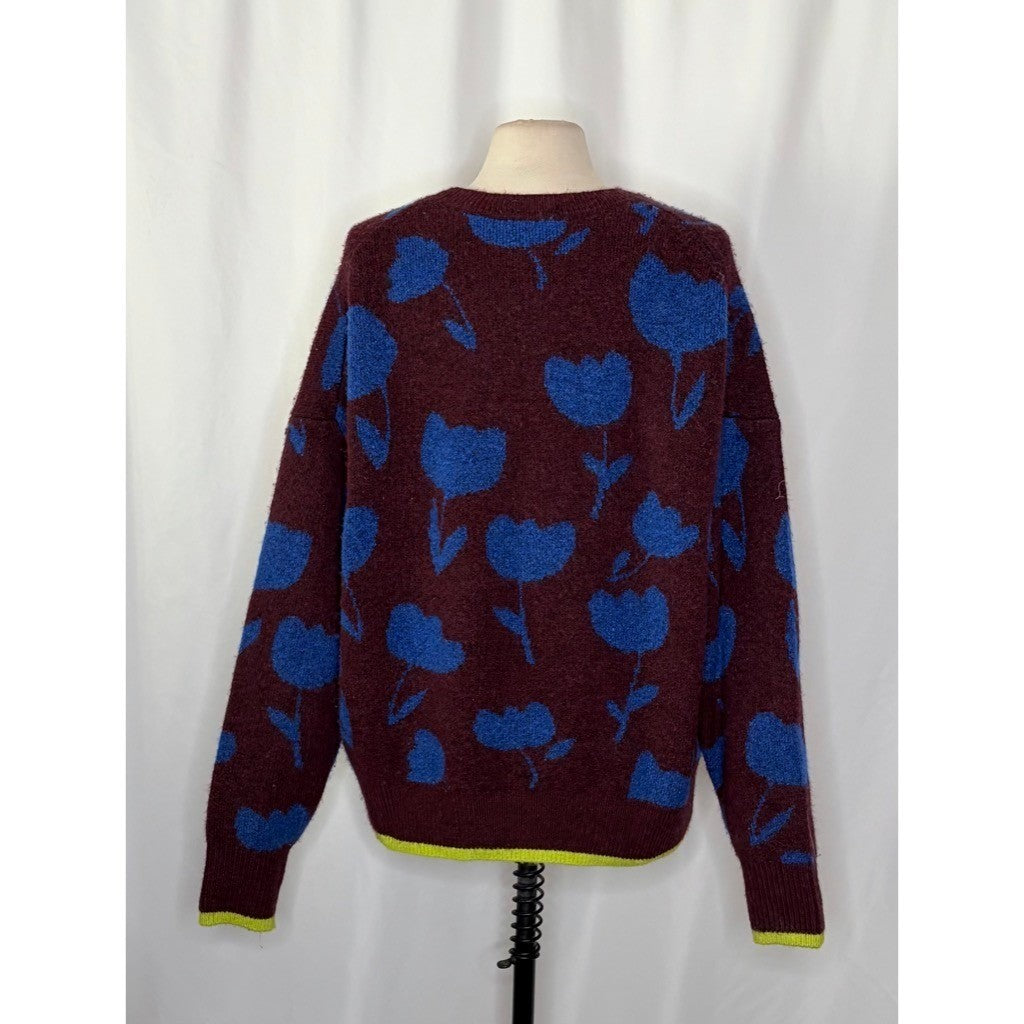 SCOTCH & SODA Crewneck Tulip Intarsia Pullover Sweater Burgundy Blue Large