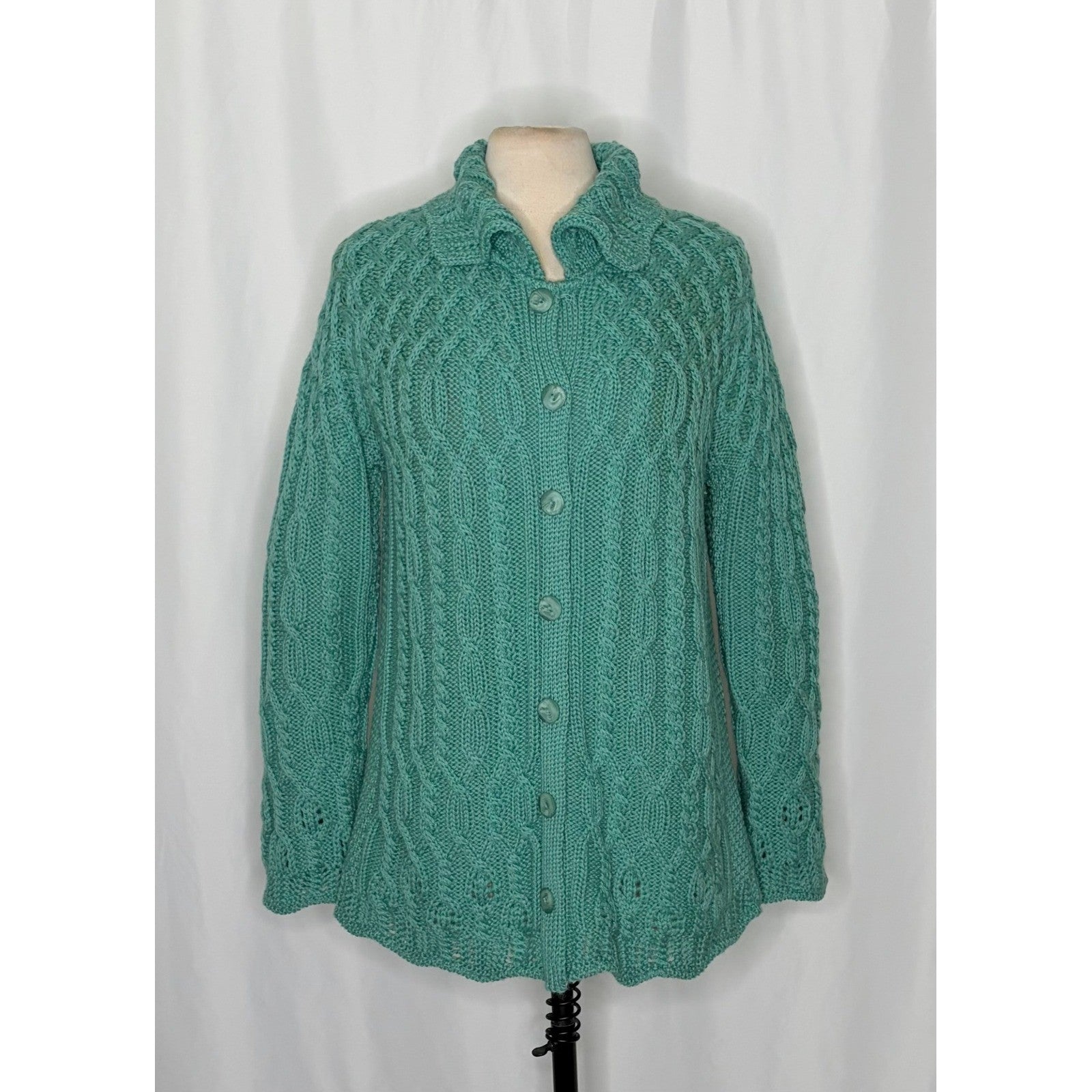 ARANCRAFTS Aran Crafts Merino Wool Green Cardigan Sweater Ireland Medium