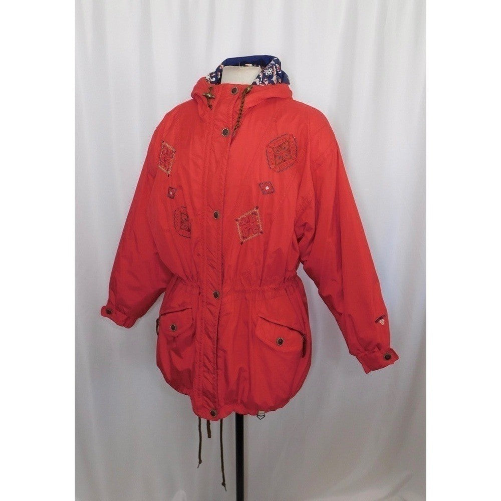 Vintage OBERMEYER Women's Embroidered Hooded Legend Coat Jacket Red Blue Size 10