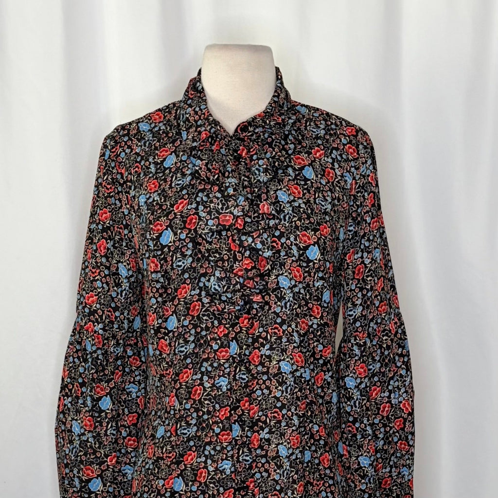 FREE PEOPLE Black Floral Ruffled Poet Top Blouse Buttondown Bohemian Medium
