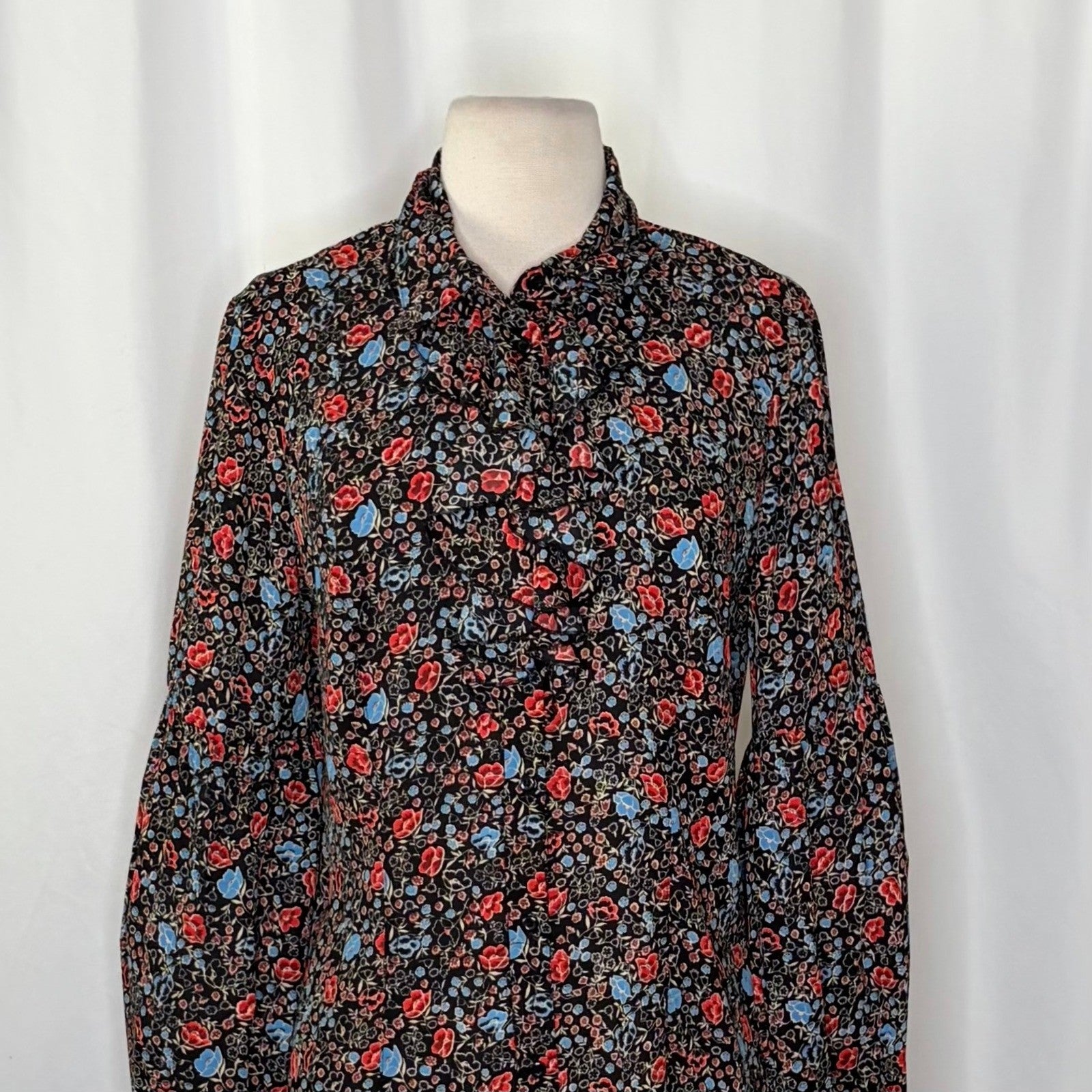 FREE PEOPLE Black Floral Ruffled Poet Top Blouse Buttondown Bohemian Medium