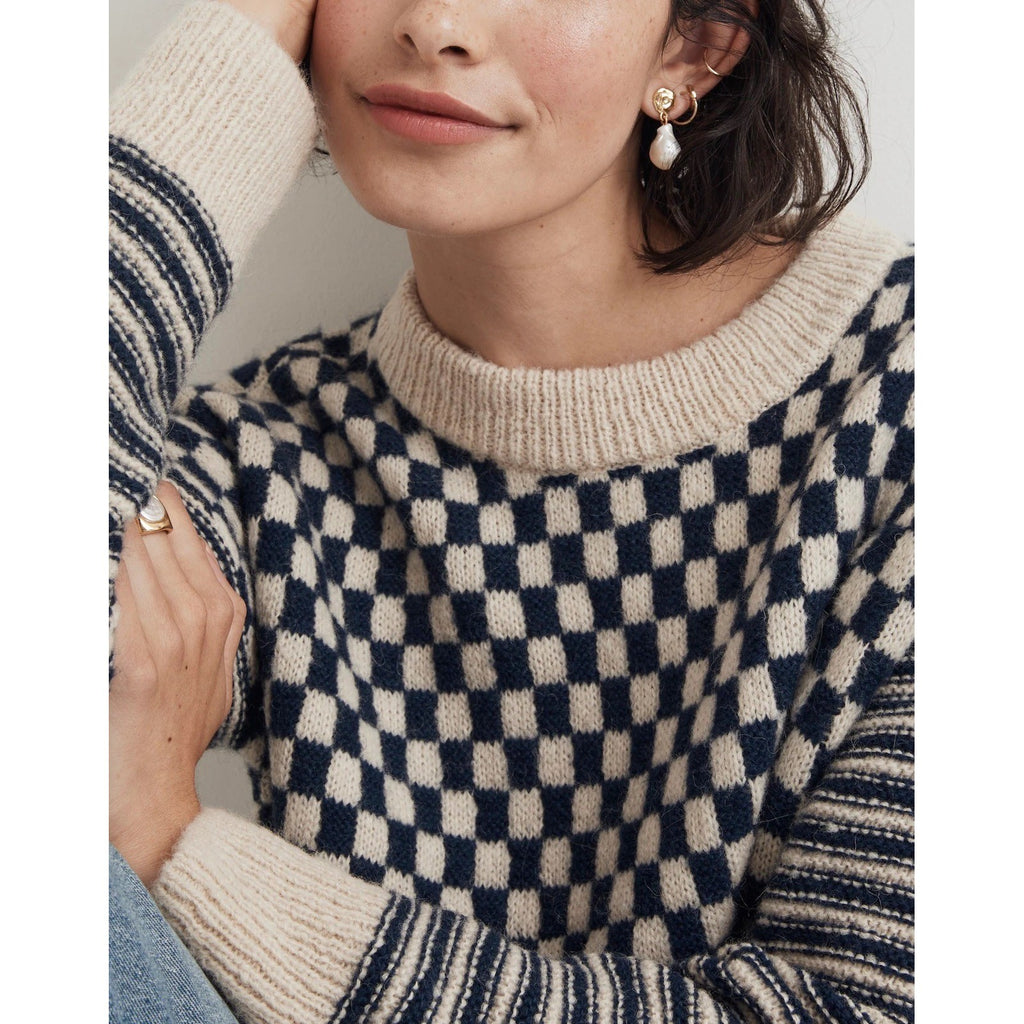 MADEWELL Crewneck Sweater Checked Stripe Classic Indigo Blue Ivory Knit Medium