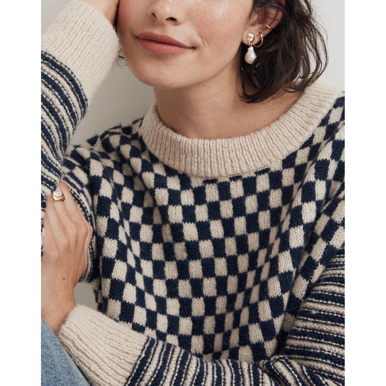 MADEWELL Crewneck Sweater Checked Stripe Classic Indigo Blue Ivory Knit Medium