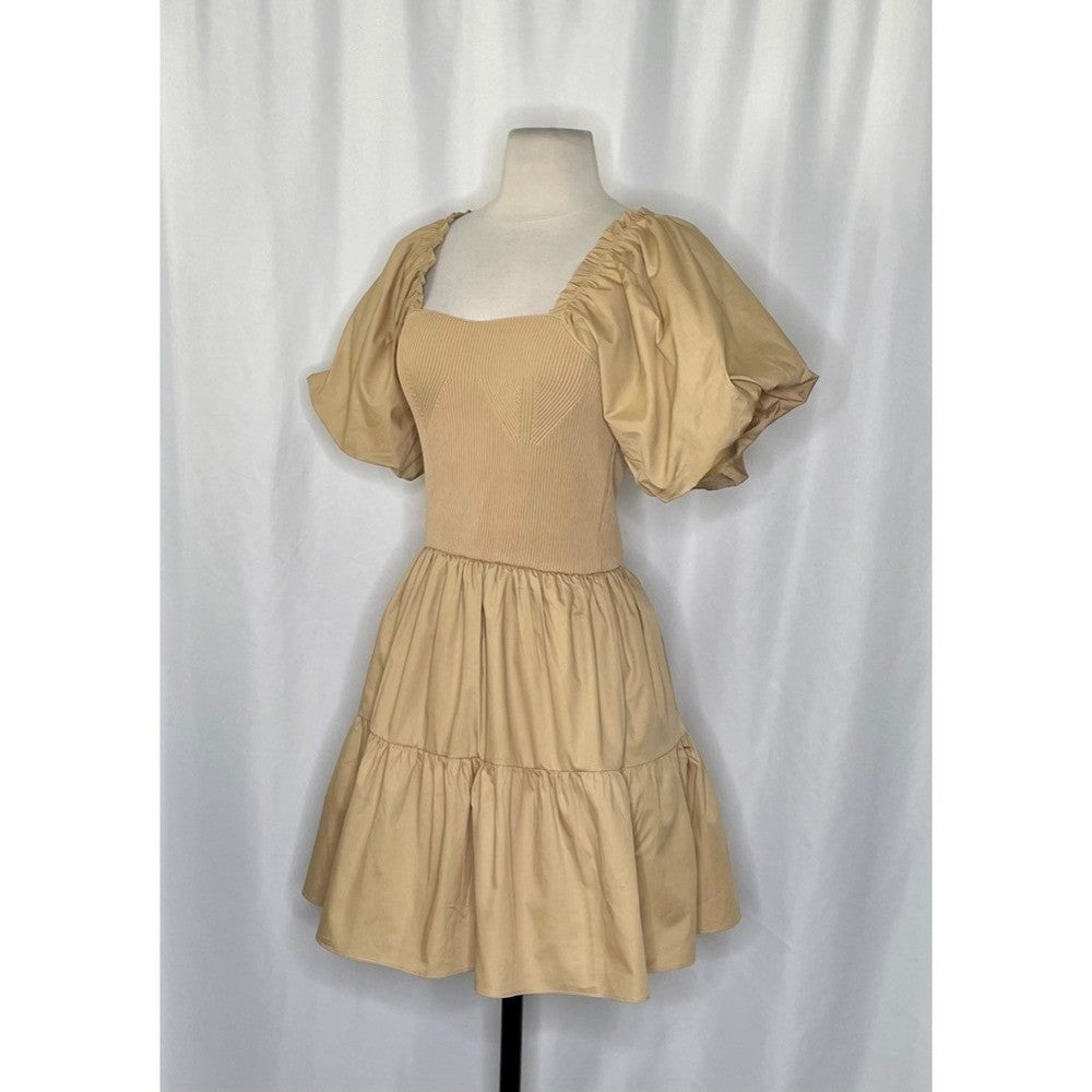 NWT! ENDLESS ROSE Mix Media Mini Dress Latte Brown Puff Sleeves Corset Bodice XS