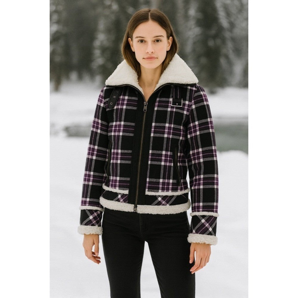 HARLEY-DAVIDSON Purple Black Plaid Fleece Sherpa Lined Coat Moto Motorcycle S