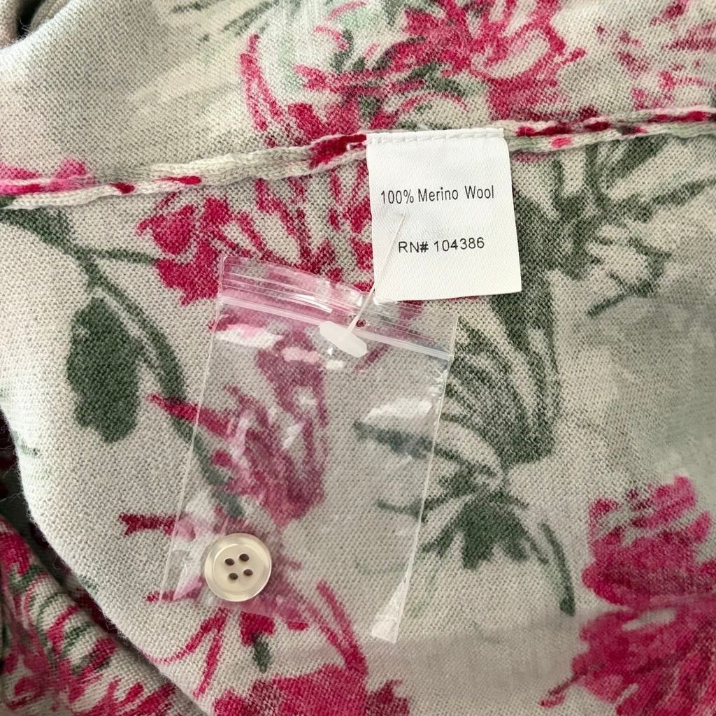 NEW!! GARNET HILL Merino Wool Cardigan Sweater Floral Gray Pink Preppy Small