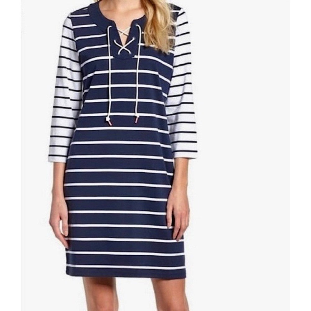 NWT!! TOMMY BAHAMA Floricita Stripe Shift Dress Navy Blue White Stripe X-Small