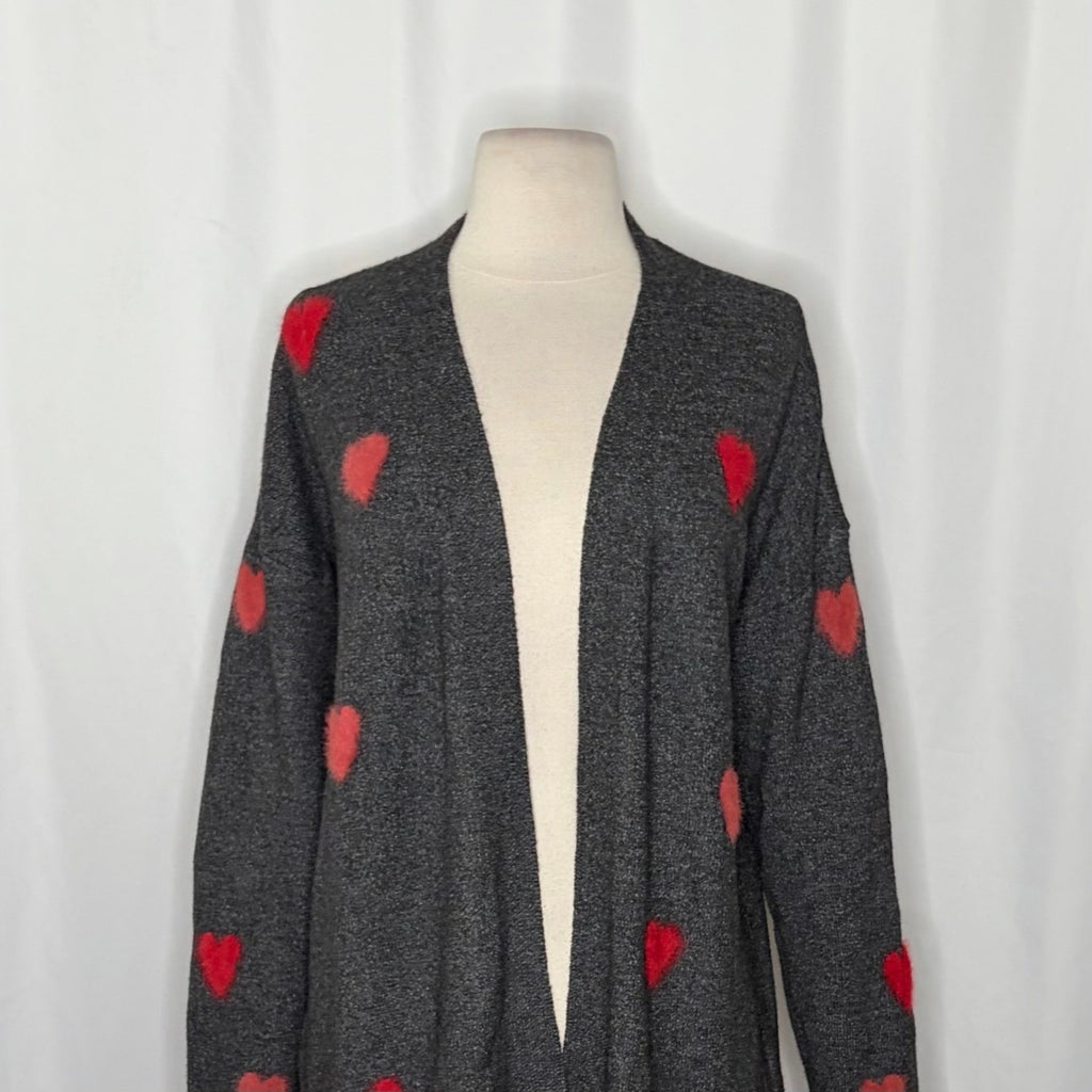 NWT!! CELEBRATE TOGETHER Heart Cardigan Sweater Grey Pink Red Hearts Large