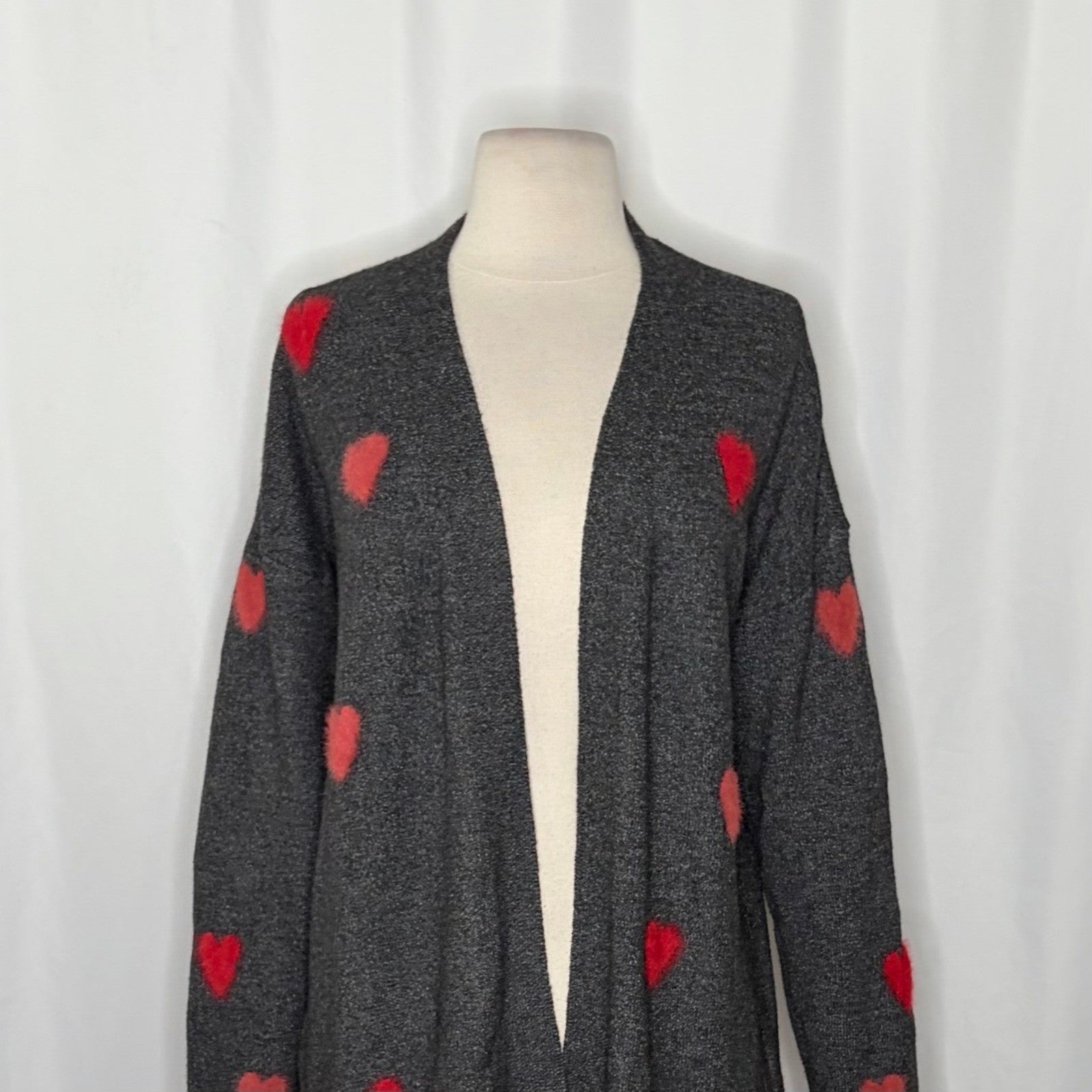 NWT!! CELEBRATE TOGETHER Heart Cardigan Sweater Grey Pink Red Hearts Large