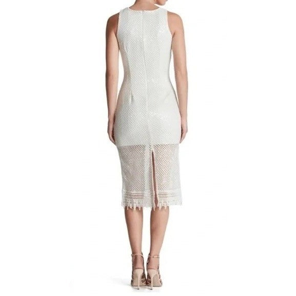 DRESS THE POPULATION Alina Sequin Crochet Lace Midi Dress Bridal White Small