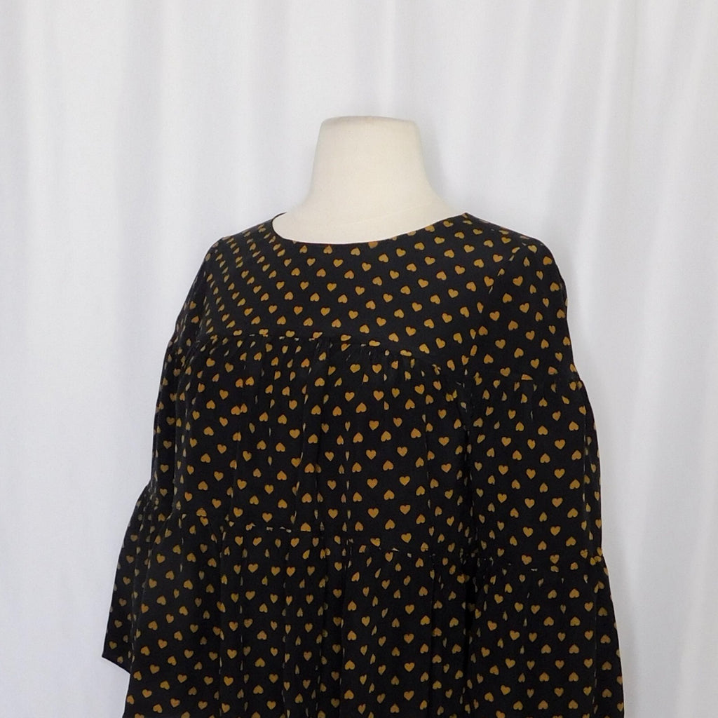 MADEWELL Silk Black Gold Heart Flip Button Back Tiered Top Blouse X-Small