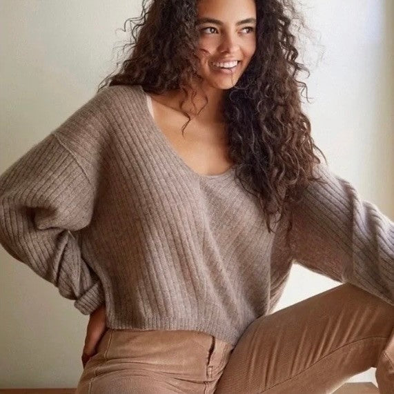 FREE PEOPLE Elias Cashmere Sweater Cropped Pullover Taupe Knitwear X-Small