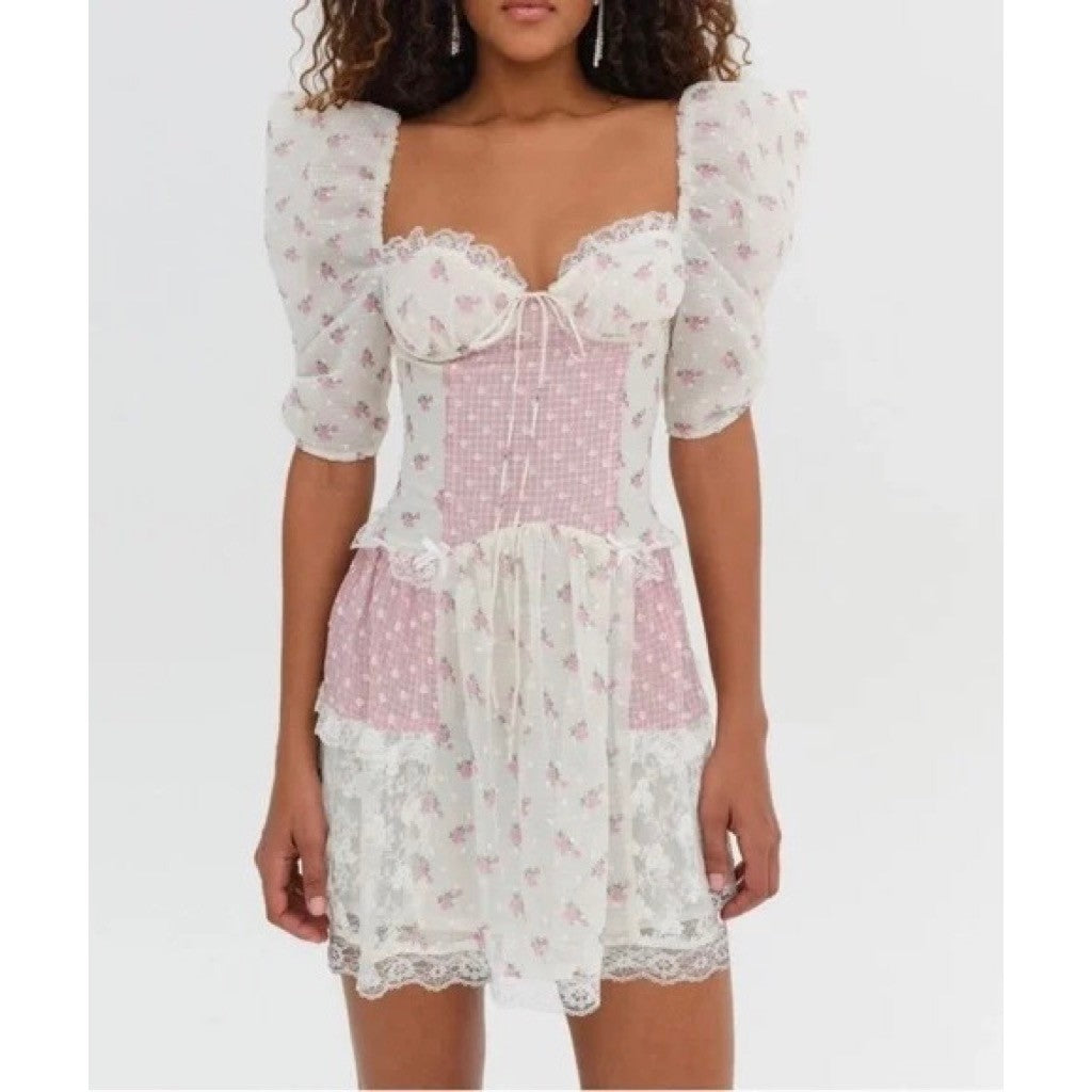 NWT!! FOR LOVE & LEMONS Francine Floral Patchwork Mini Dress Lace Coquette XS