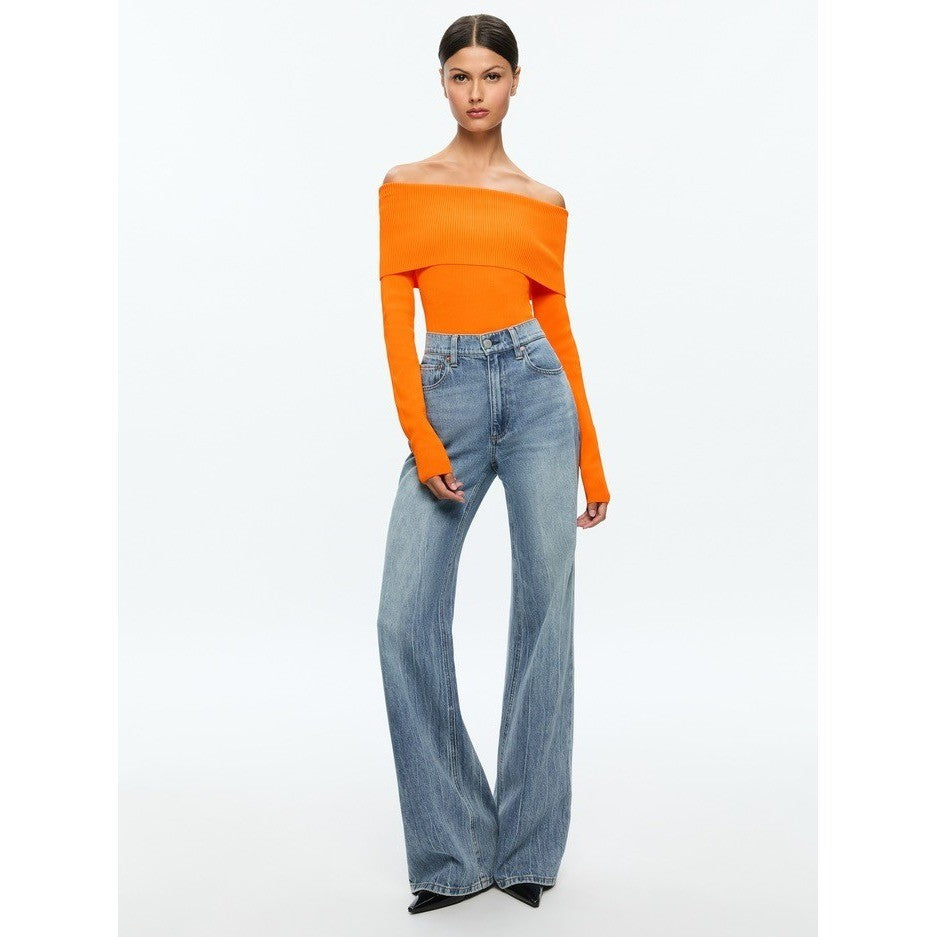 ALICE + OLIVIA Dolan Pullover Orange Blaze Knit Off The Shoulder Sweater Small