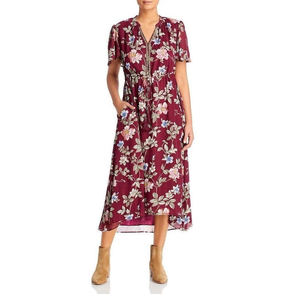 TOMMY BAHAMA Painted Petal Midi Floral Dress Metallic Embellished Beads X-Small