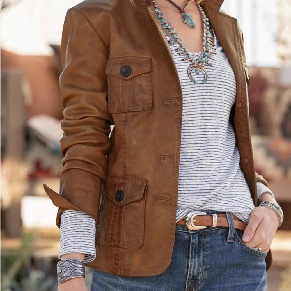 SUNDANCE McKenna Leather Blazer Jacket Honey Brown Floral Lining Boho Medium
