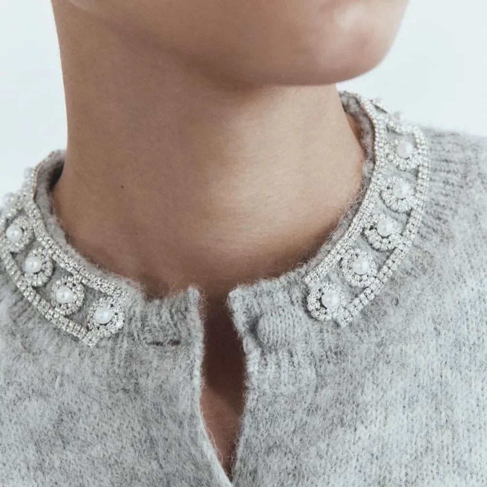 ZARA Jewel Embellished Gray Cropped Cardigan Sweater Knitwear Jewelled Large