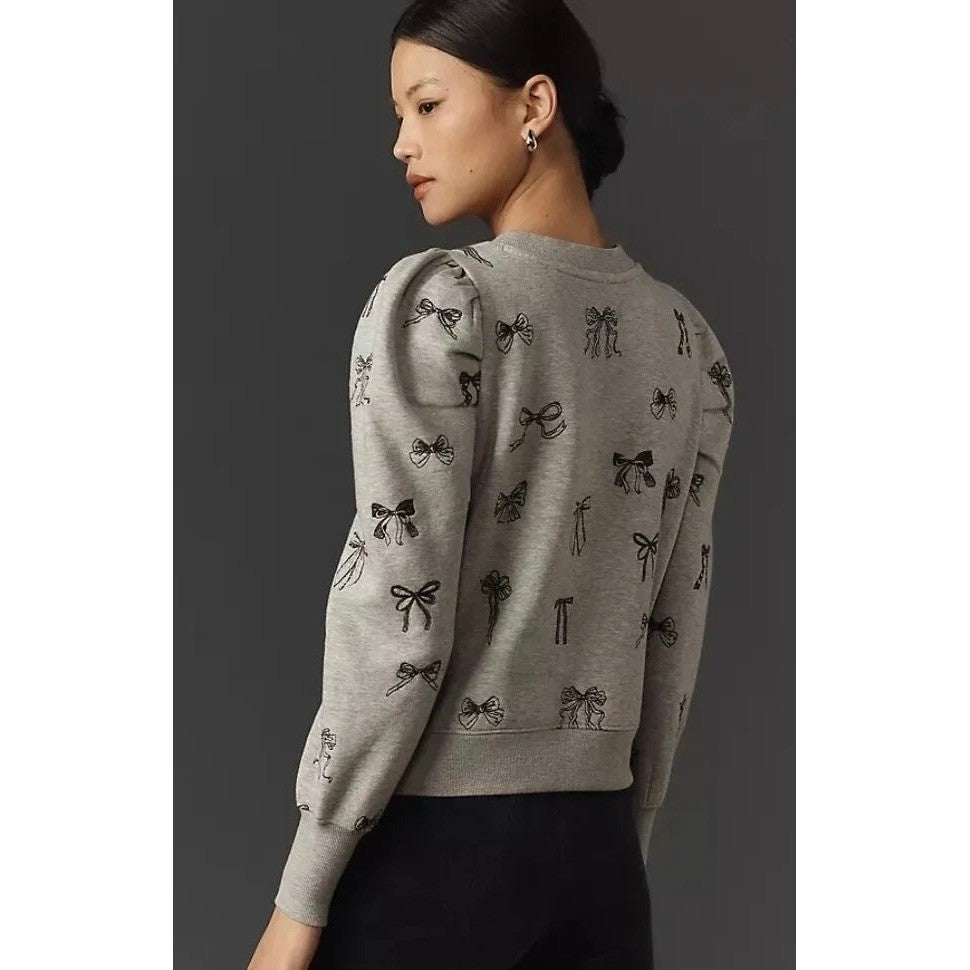 Anthropologie MAEVE Puff Sleeve Embroidered Bow Pattern Sweatshirt Top Small