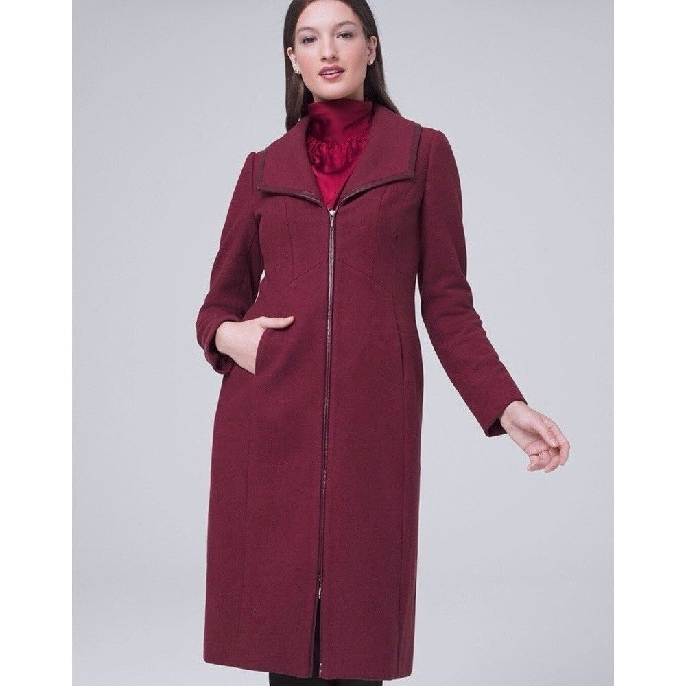 WHBM Burgundy Long Coat Removable Faux Fur Collar White House Black Market XS