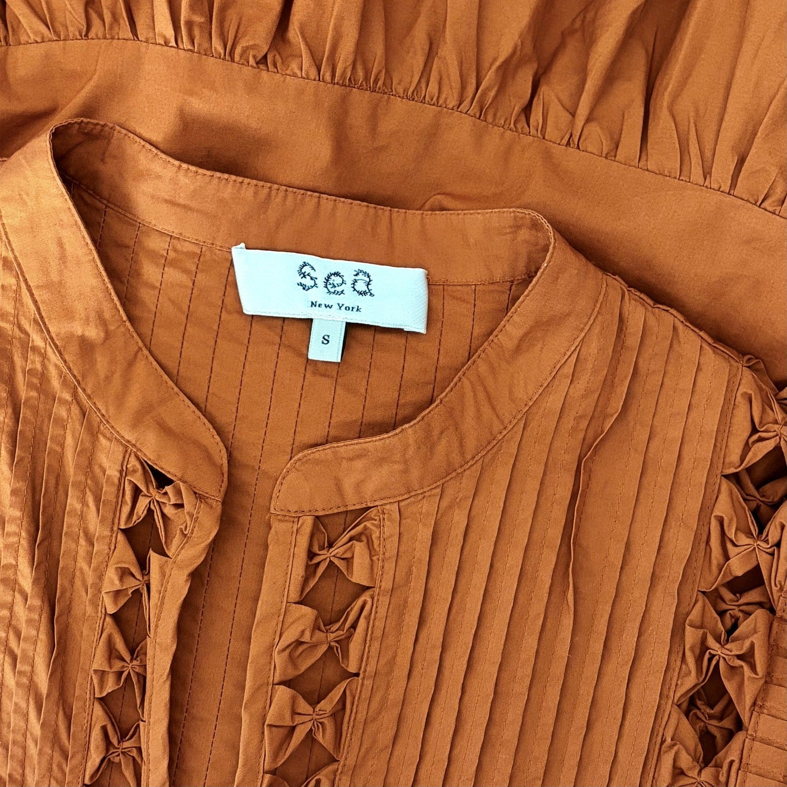 SEA New York Phoebe Ruffled Flutter Sleeve Dress Poplin Pleated Brown Small