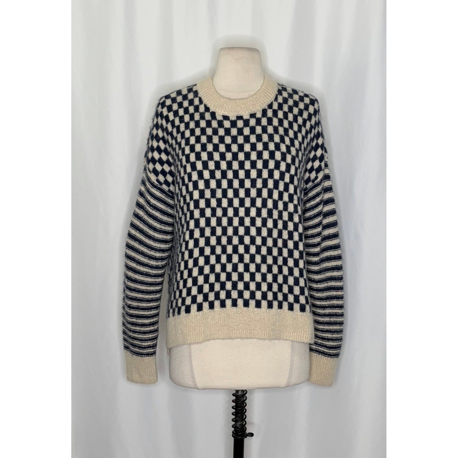 MADEWELL Crewneck Sweater Checked Stripe Classic Indigo Blue Ivory Knit Medium