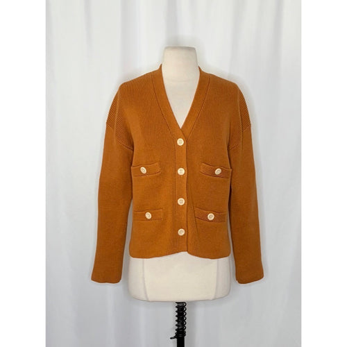 ALEX MILL Jo Ribbed Cardigan Sweater Caramel Brown Buttons Pockets Medium