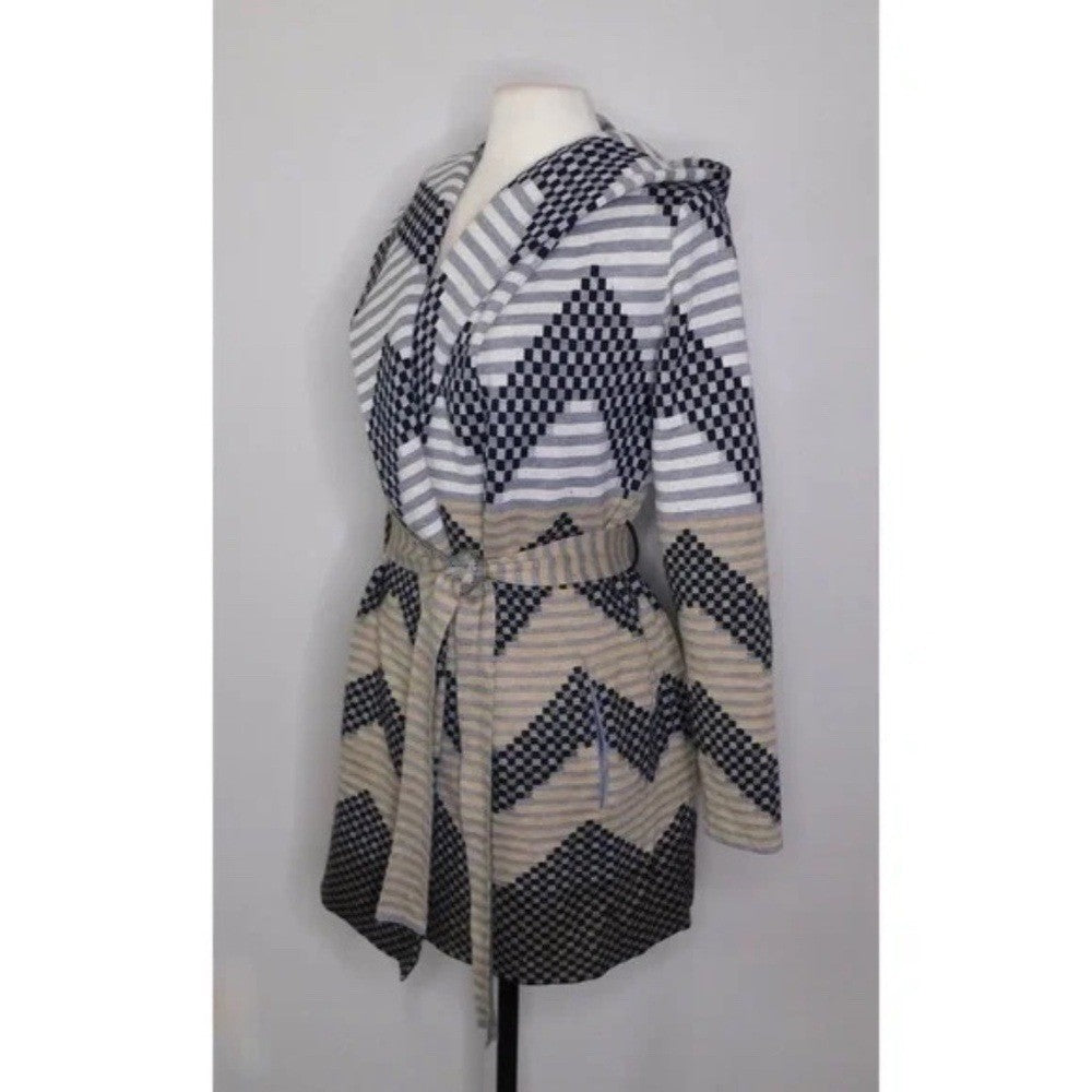 Anthropologie FIELD FLOWER Chevron Stripe Belted Wool Sweater Coat Hood X-Small