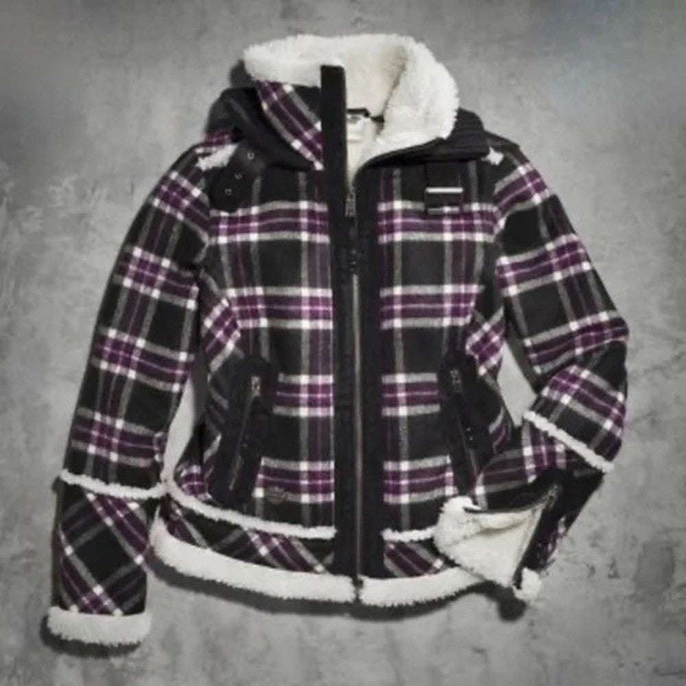 HARLEY-DAVIDSON Purple Black Plaid Fleece Sherpa Lined Coat Moto Motorcycle S