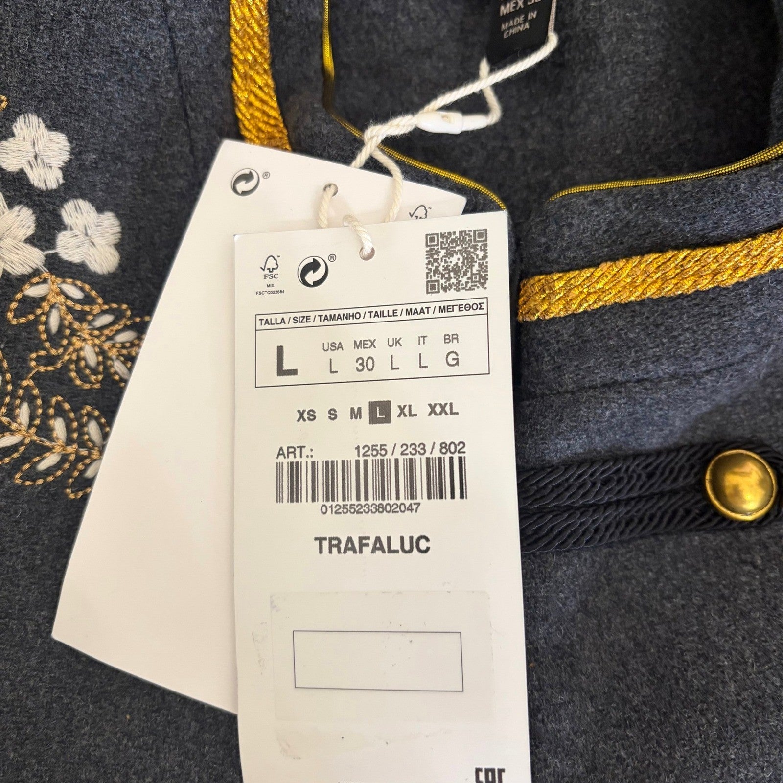 NWT!! ZARA Embroidered Military Jacket Charcoal Gray Gold Braid Buttons Large