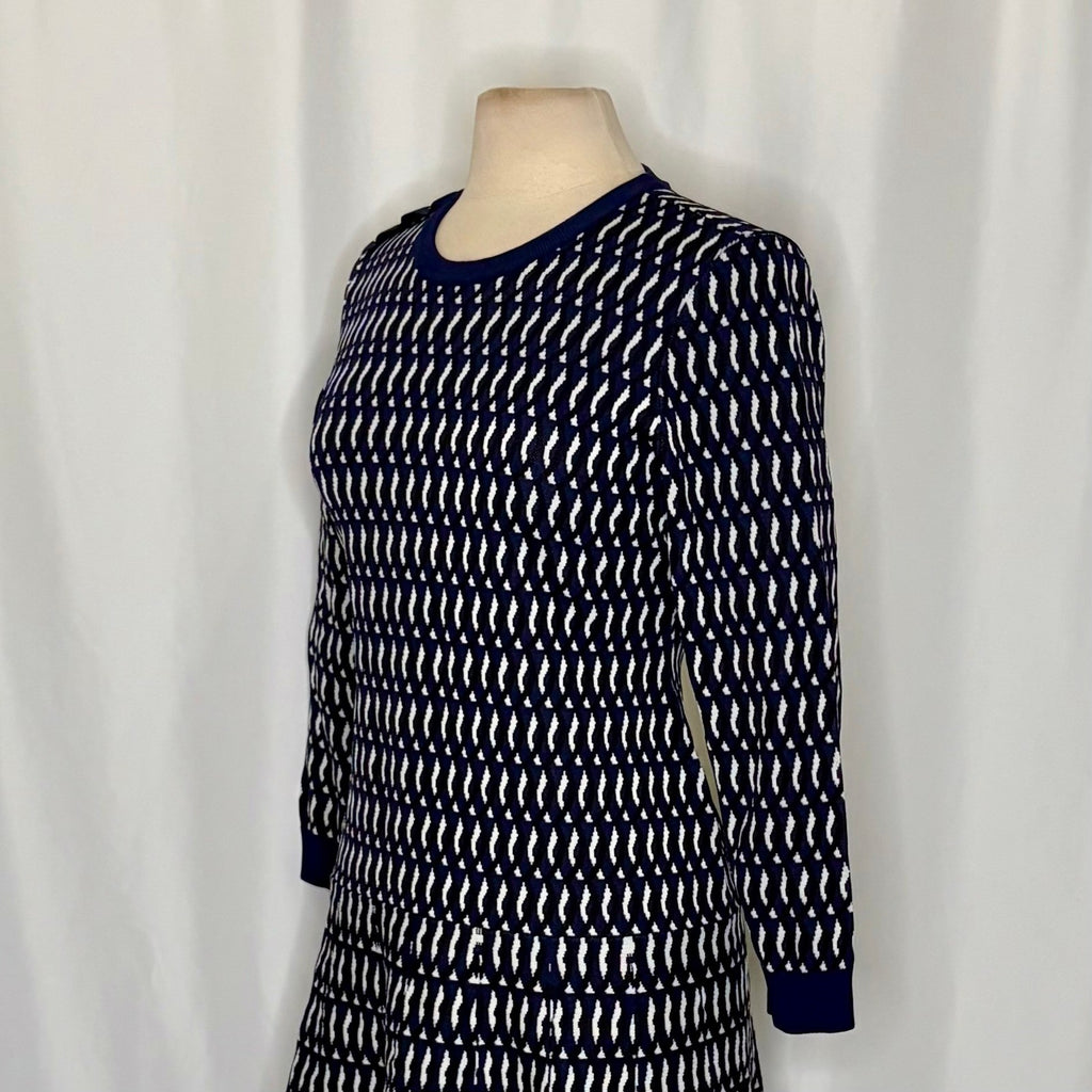 SHOSHANNA Aspen Intarsia Knit Dress Navy Blue White Dropwaist Crew Neck X-Large