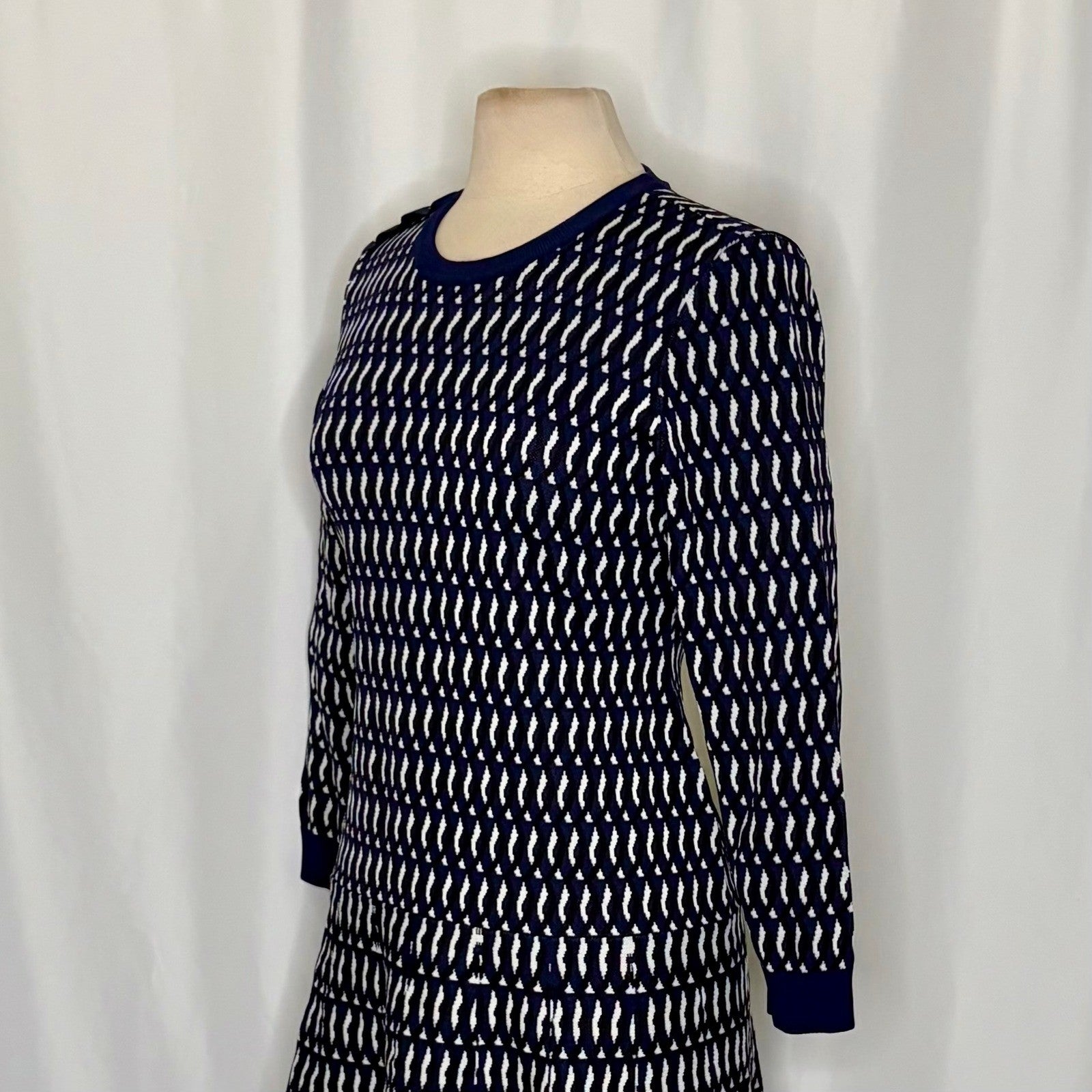 SHOSHANNA Aspen Intarsia Knit Dress Navy Blue White Dropwaist Crew Neck X-Large