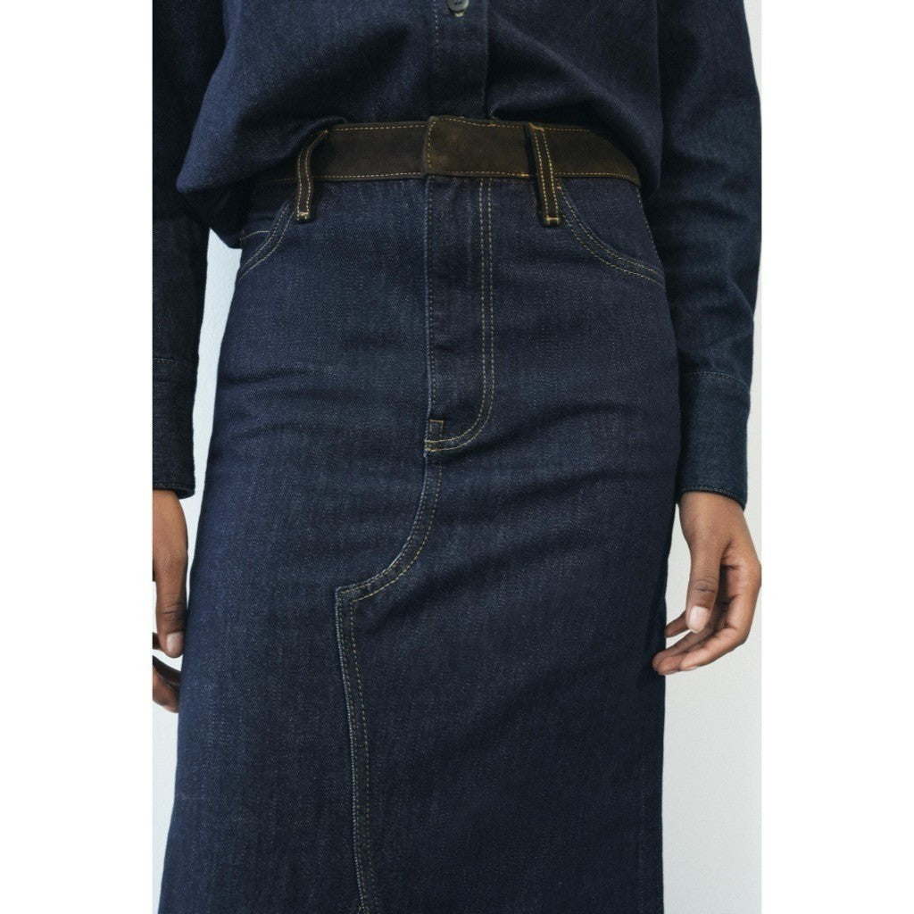 ZARA ZW Collection Denim Midi Skirt Contrast Suede Waistline Blue Pockets Small