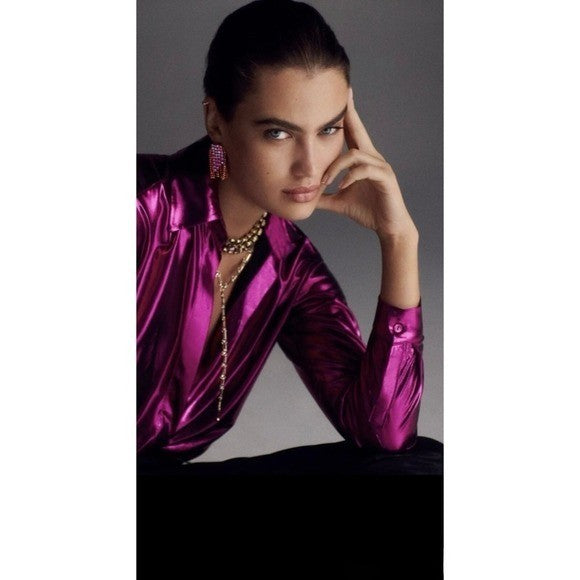 By ANTHROPOLOGIE Magenta Pink Shimmer Shine Lamé Buttondown Top Blouse X-Small