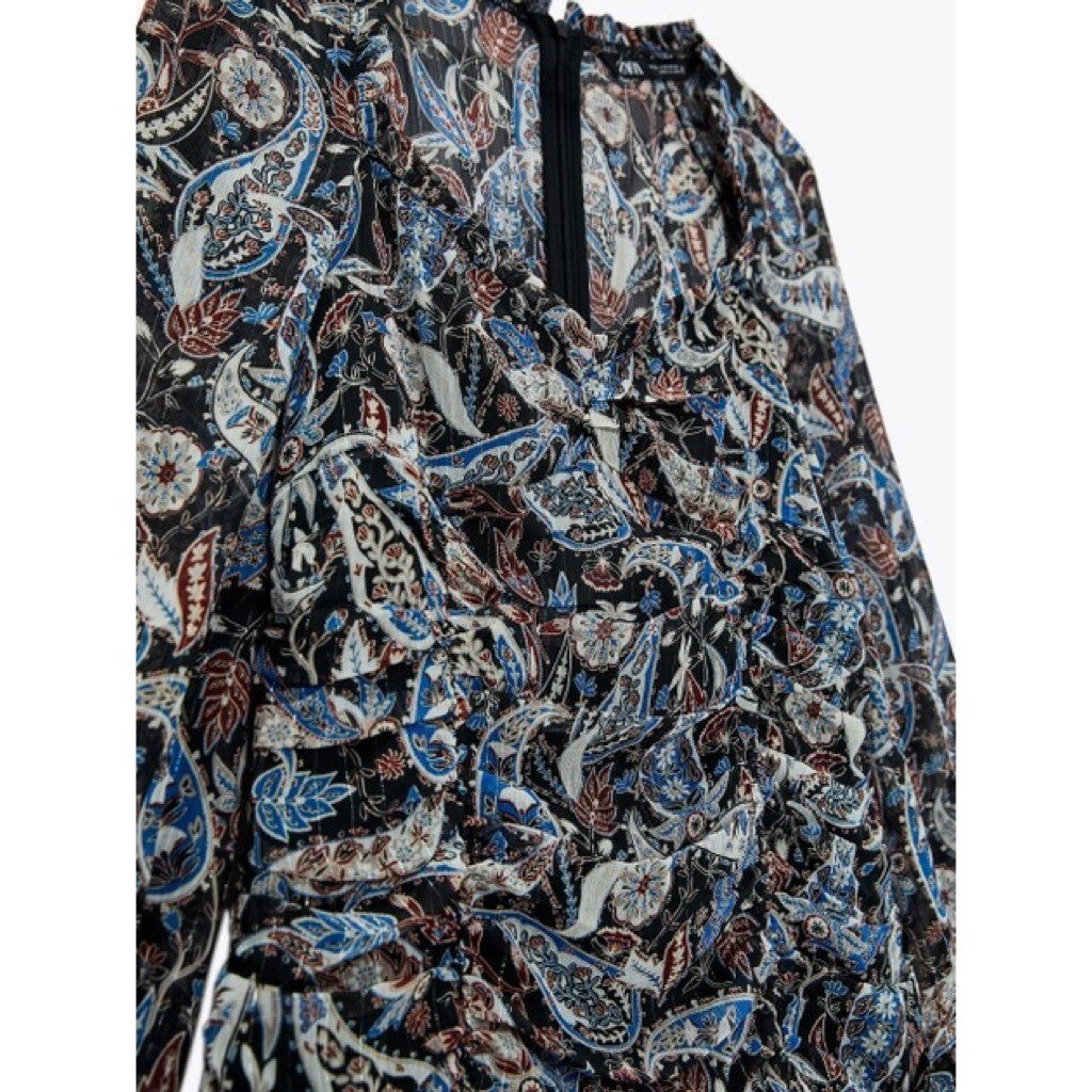 ZARA Paisley Floral Ruched Dress Ruffled Mini Metallic Party Cocktails Small