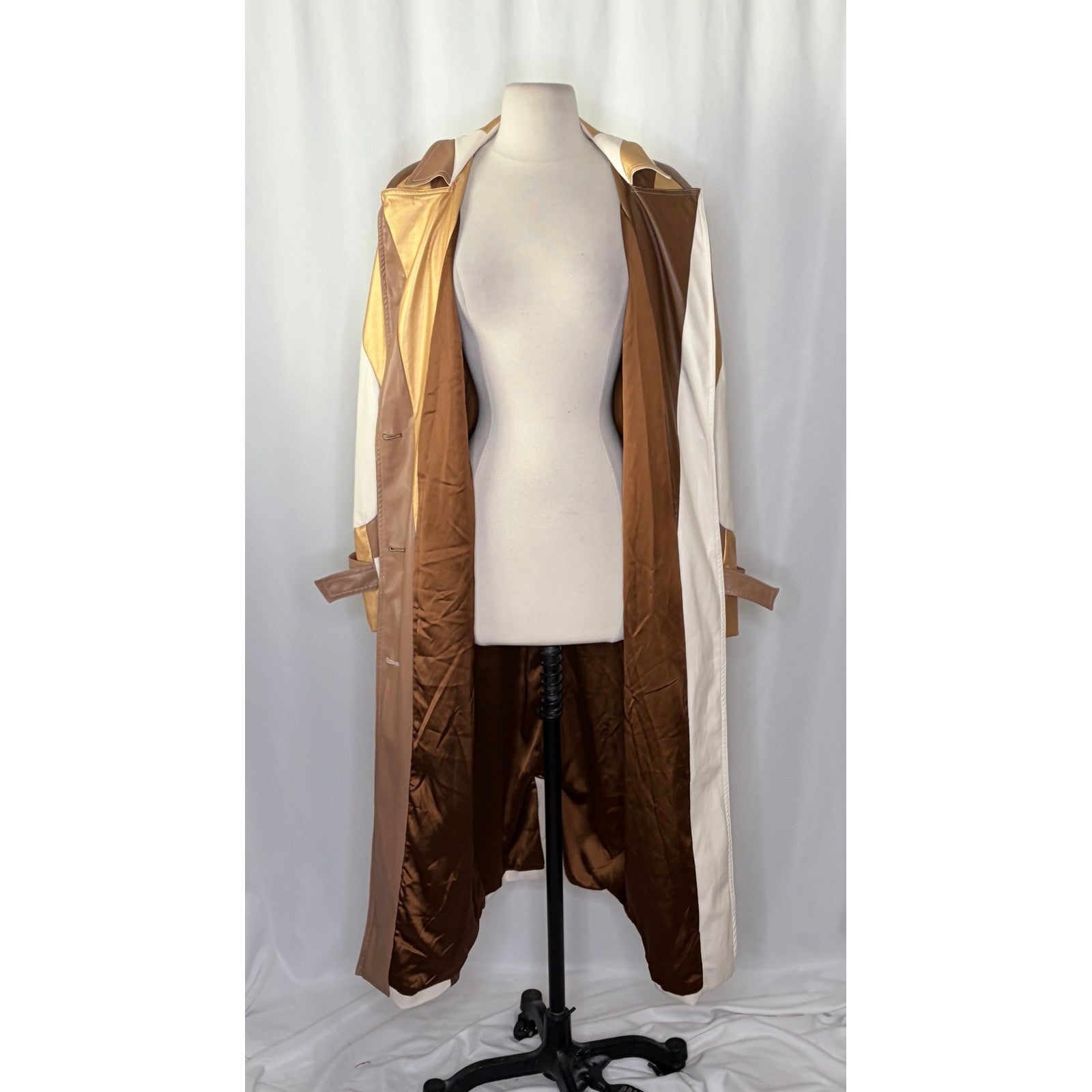 COLIN LOCASCIO Francine Patchwork Trench Coat Vegan Leather Belted Retro Small