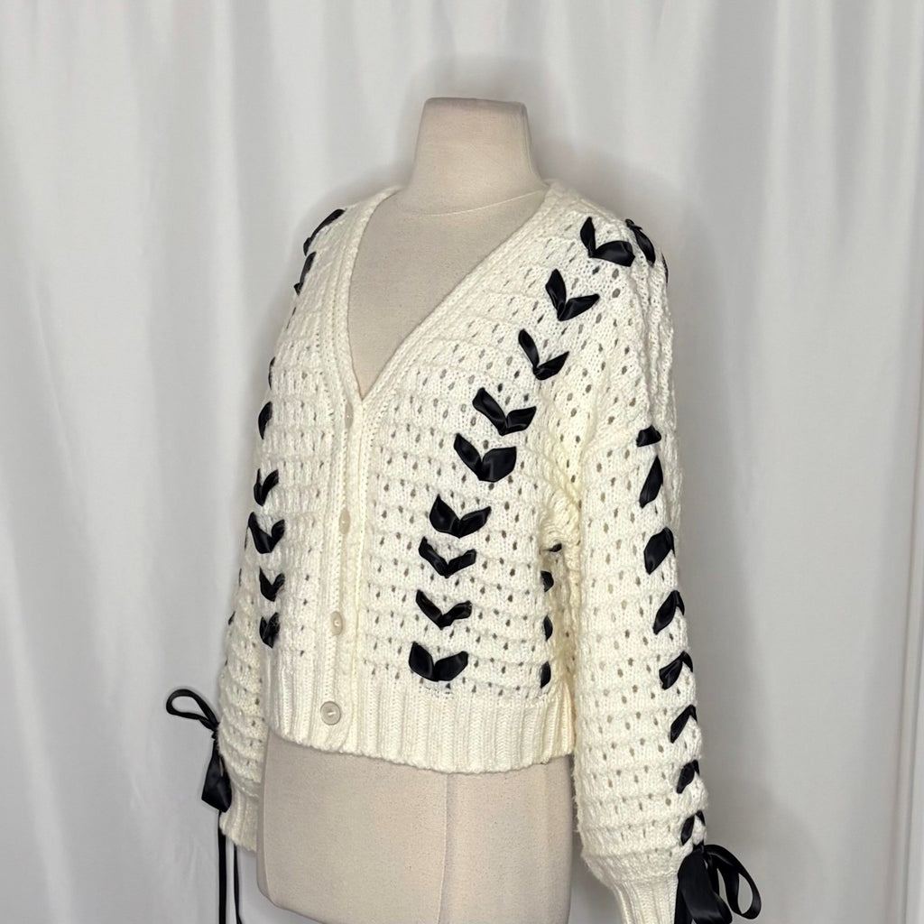FOR LOVE & LEMONS Laurel Cardigan Sweater Office White Black Ribbons X-Small