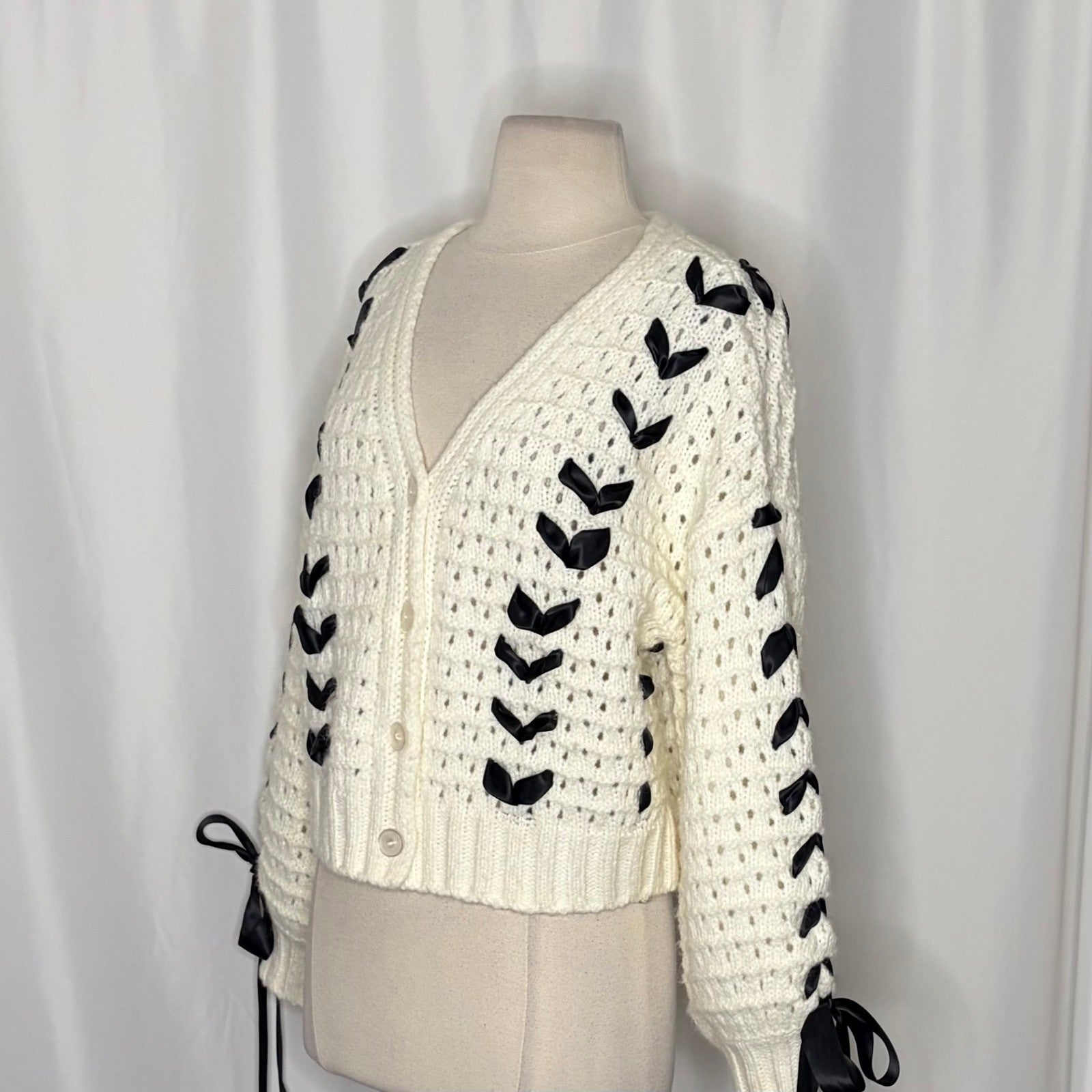 FOR LOVE & LEMONS Laurel Cardigan Sweater Office White Black Ribbons X-Small