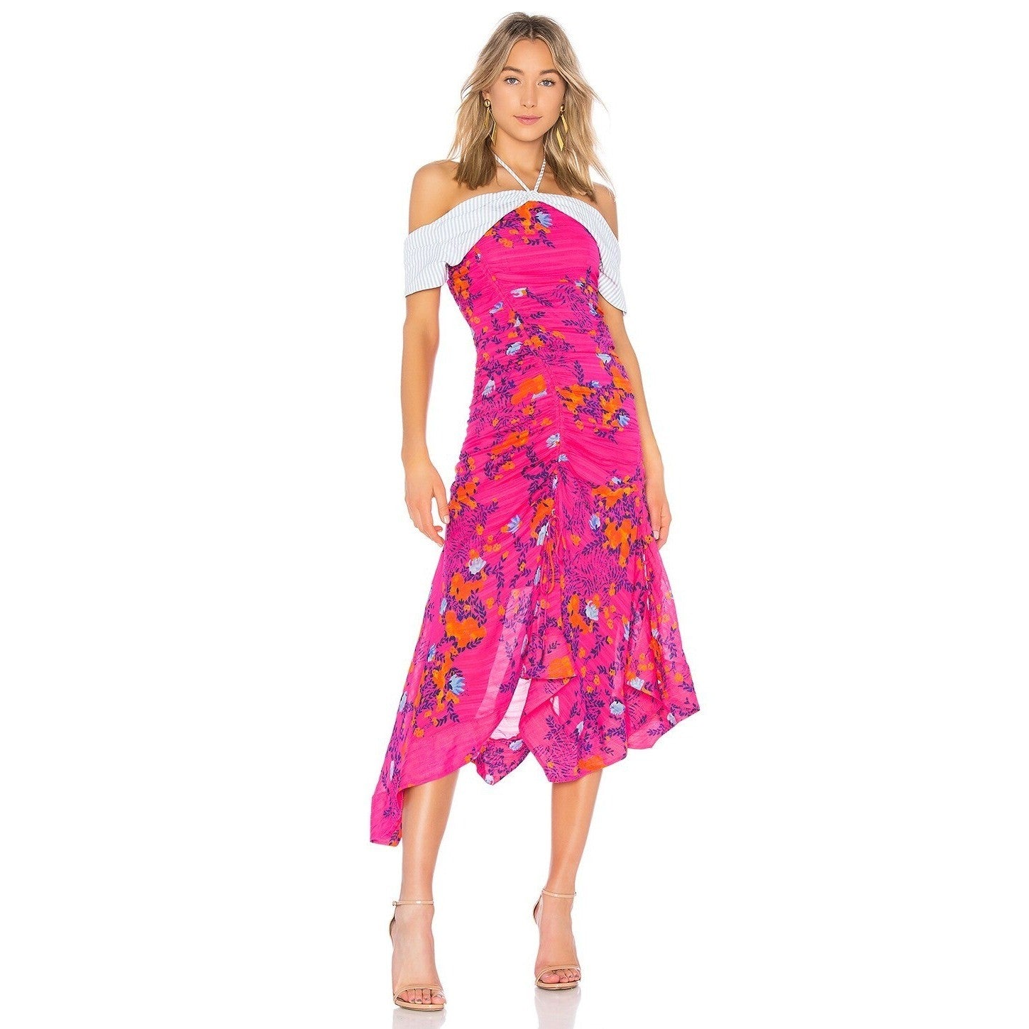 NWT!! TANYA TAYLOR Silk Virginia Dress Falling Floral Pink Striped Halter Size 0